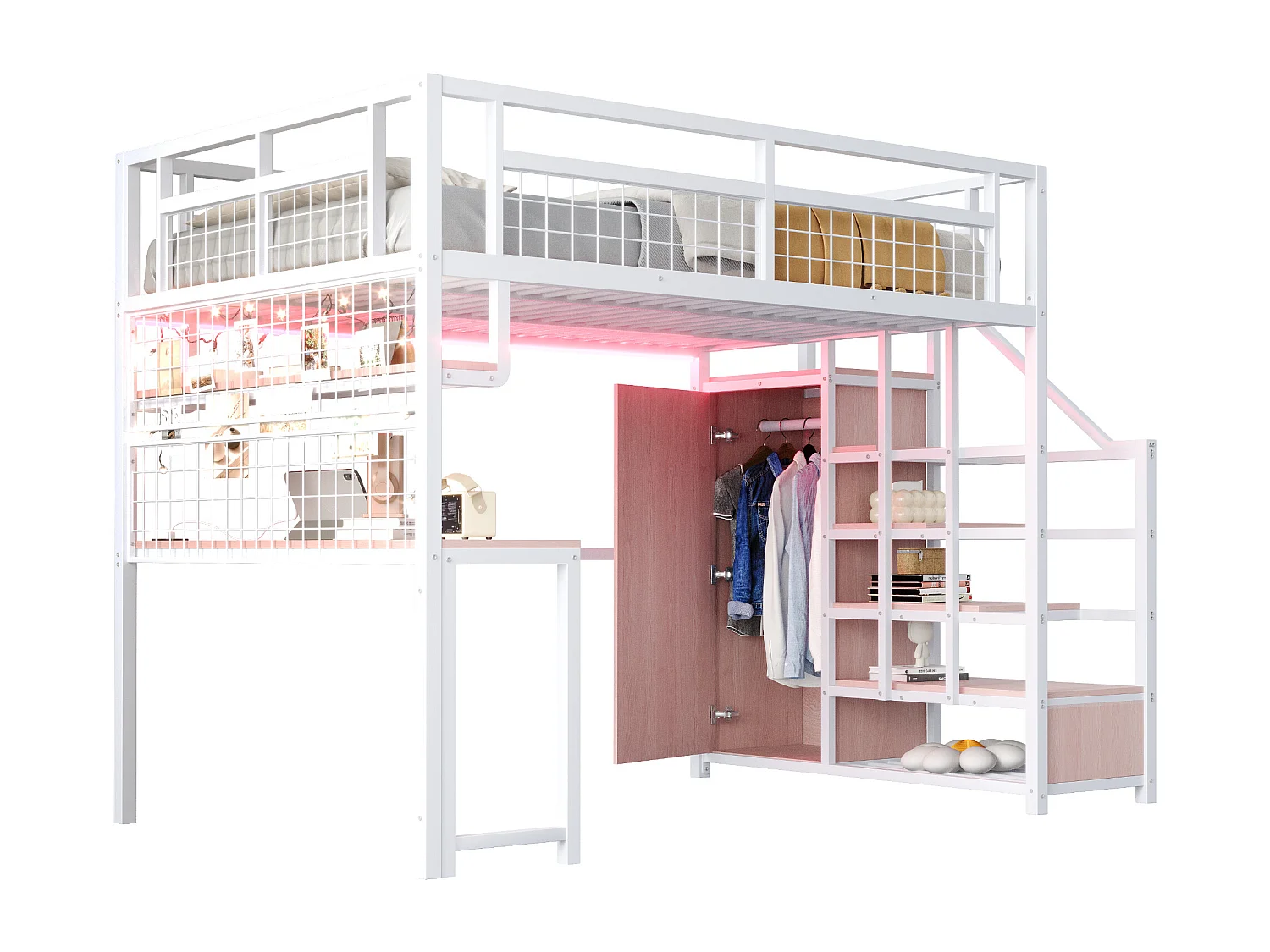 Lit mezzanine 140x200 cm - avec éclairage LED et prises - avec échelle de rangement - avec penderie - rangements et table - blanc