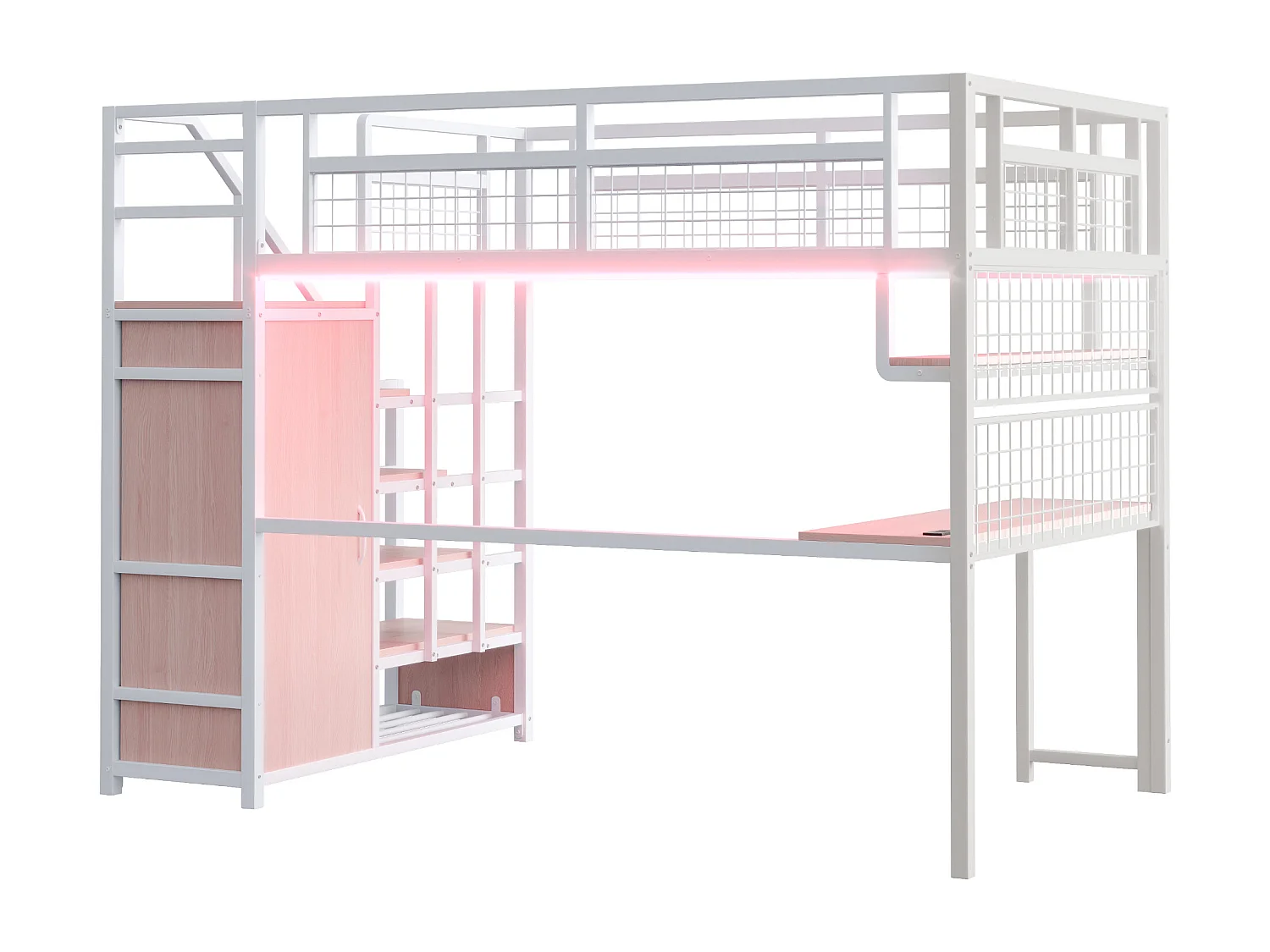 Lit mezzanine 140x200 cm - avec éclairage LED et prises - avec échelle de rangement - avec penderie - rangements et table - blanc