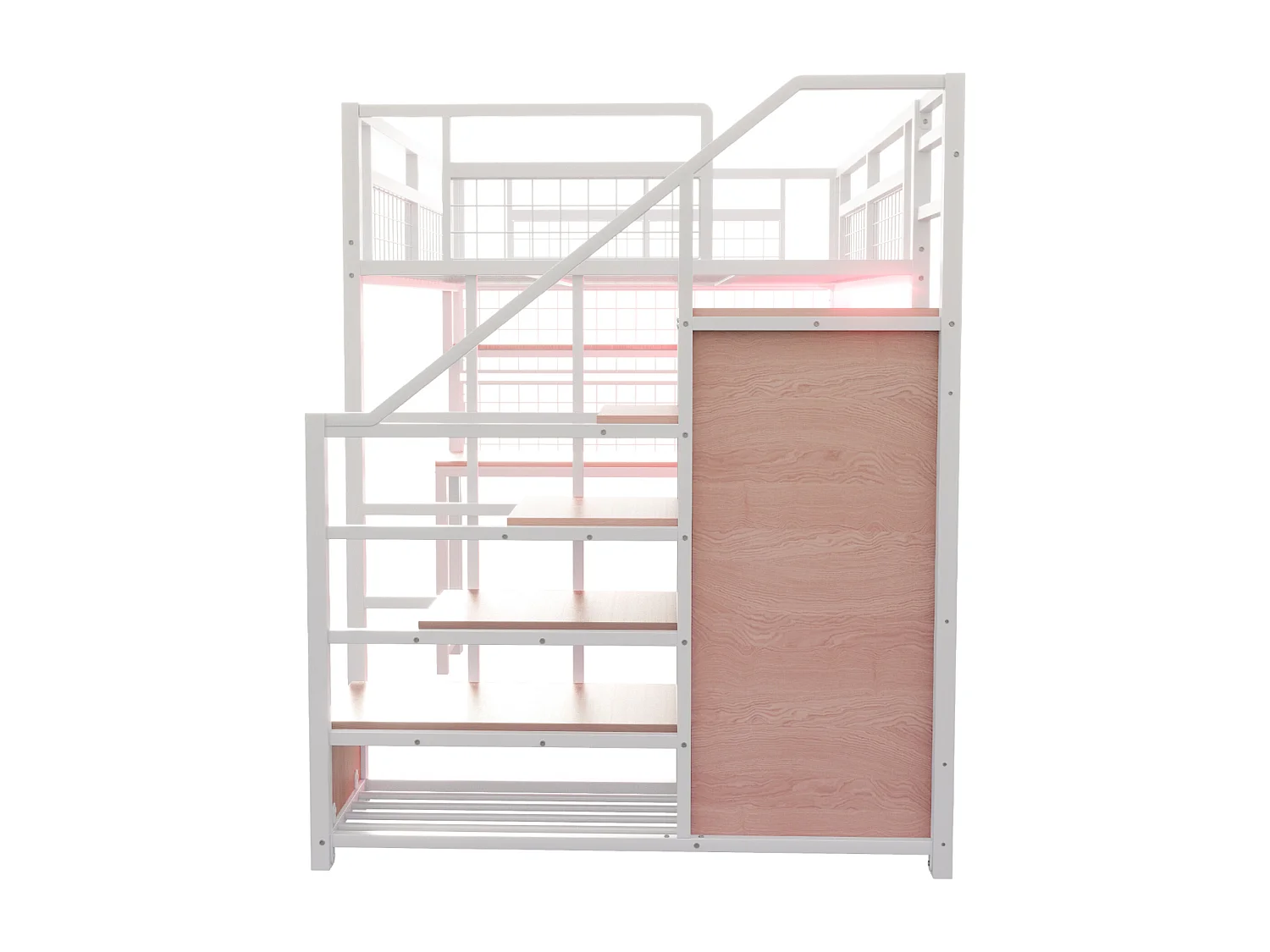 Lit mezzanine 140x200 cm - avec éclairage LED et prises - avec échelle de rangement - avec penderie - rangements et table - blanc