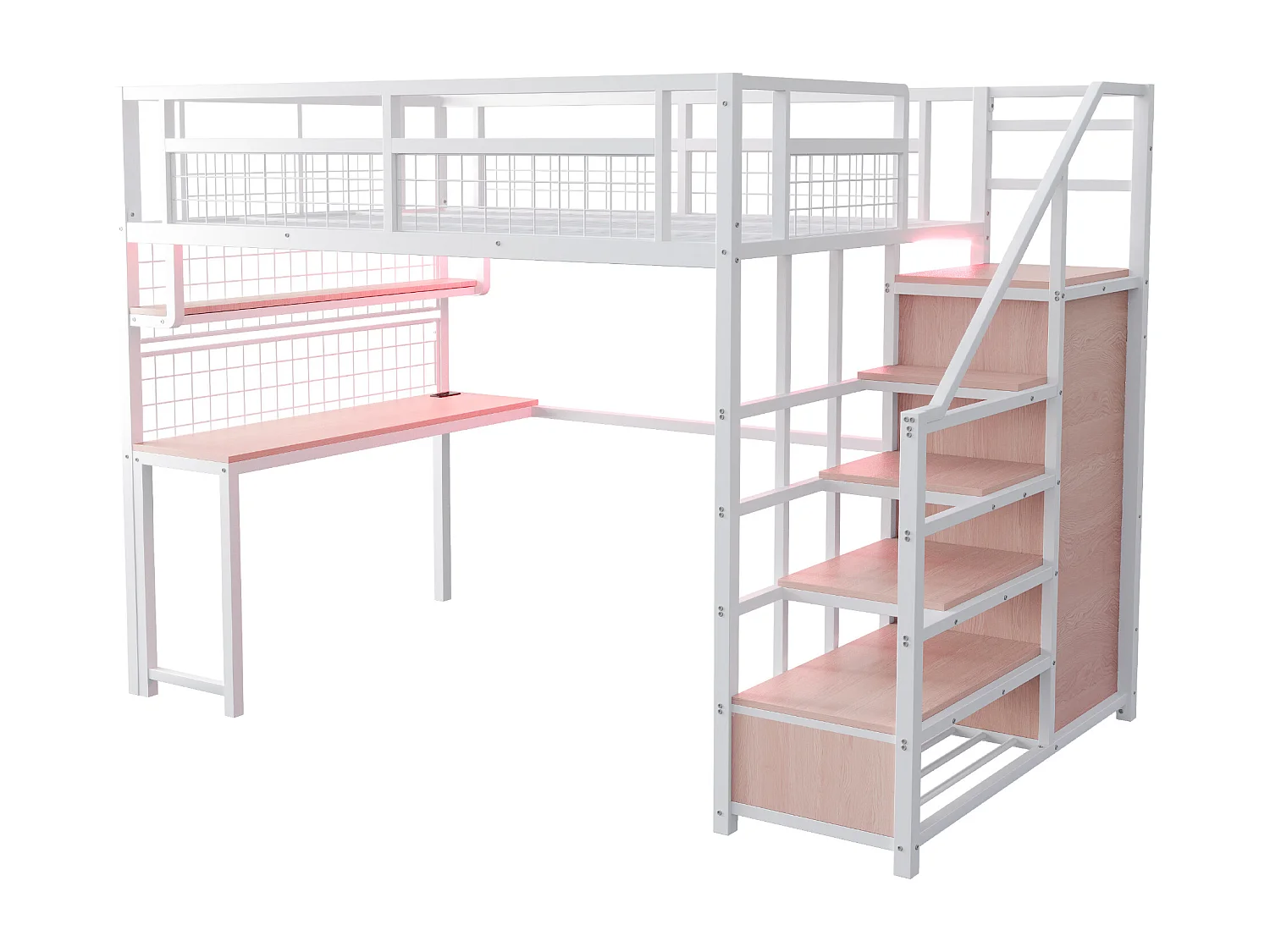 Lit mezzanine 140x200 cm - avec éclairage LED et prises - avec échelle de rangement - avec penderie - rangements et table - blanc