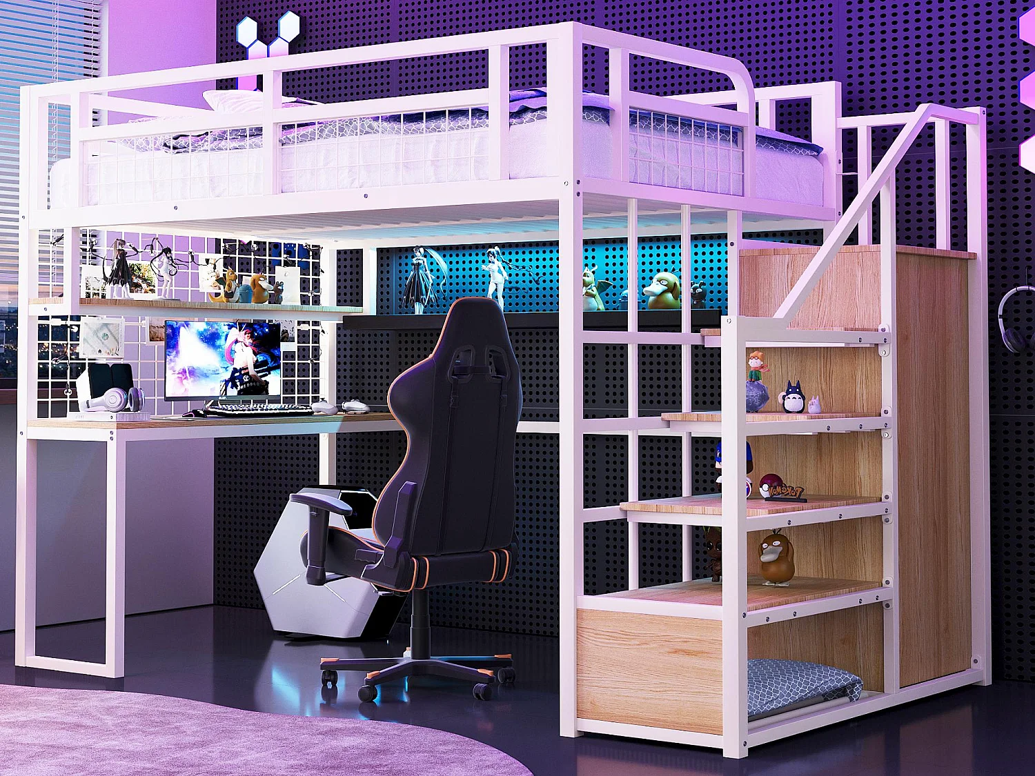 Mezzanine bed 140x200 cm - met LED-verlichting en stopcontacten - met opbergladder - met garderobekast - opbergruimte en bureau - wit