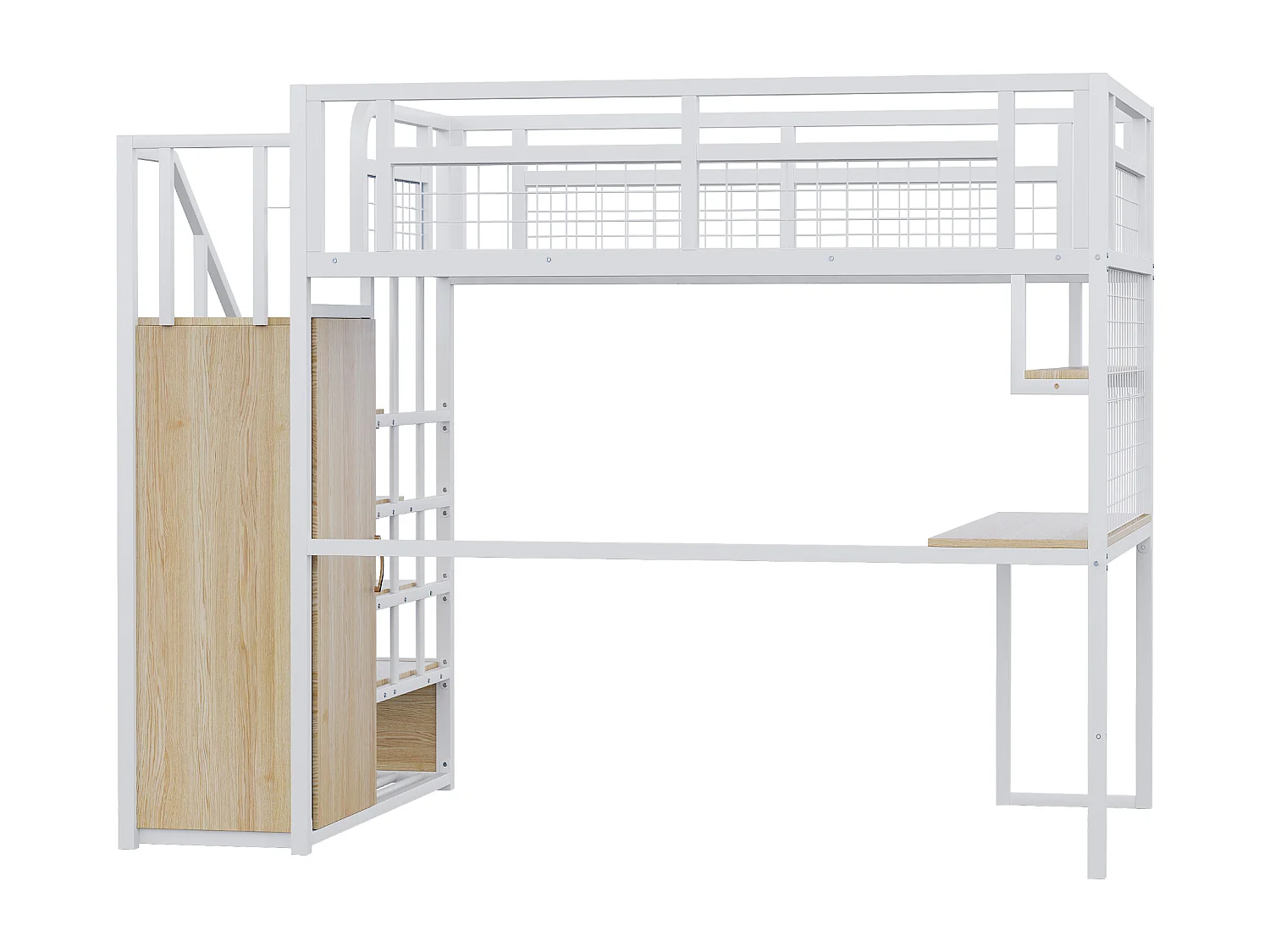 Mezzanine bed 140x200 cm - met LED-verlichting en stopcontacten - met opbergladder - met garderobekast - opbergruimte en bureau - wit