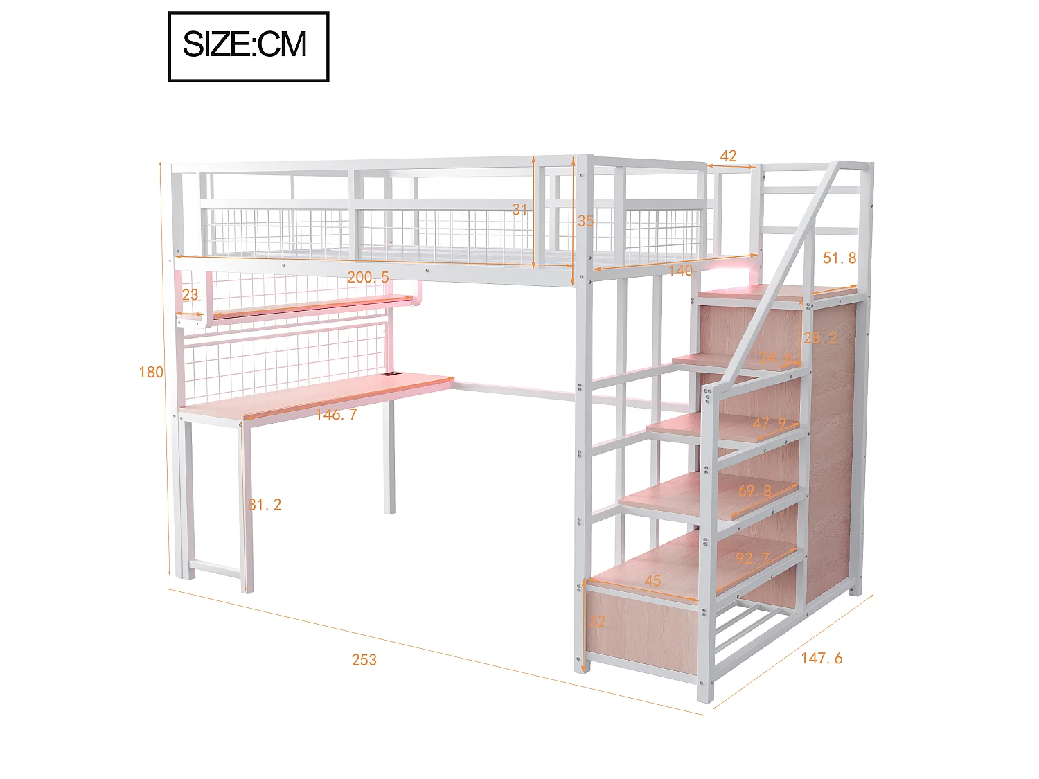 Mezzanine bed 140x200 cm - met LED-verlichting en stopcontacten - met opbergladder - met garderobekast - opbergruimte en bureau - wit