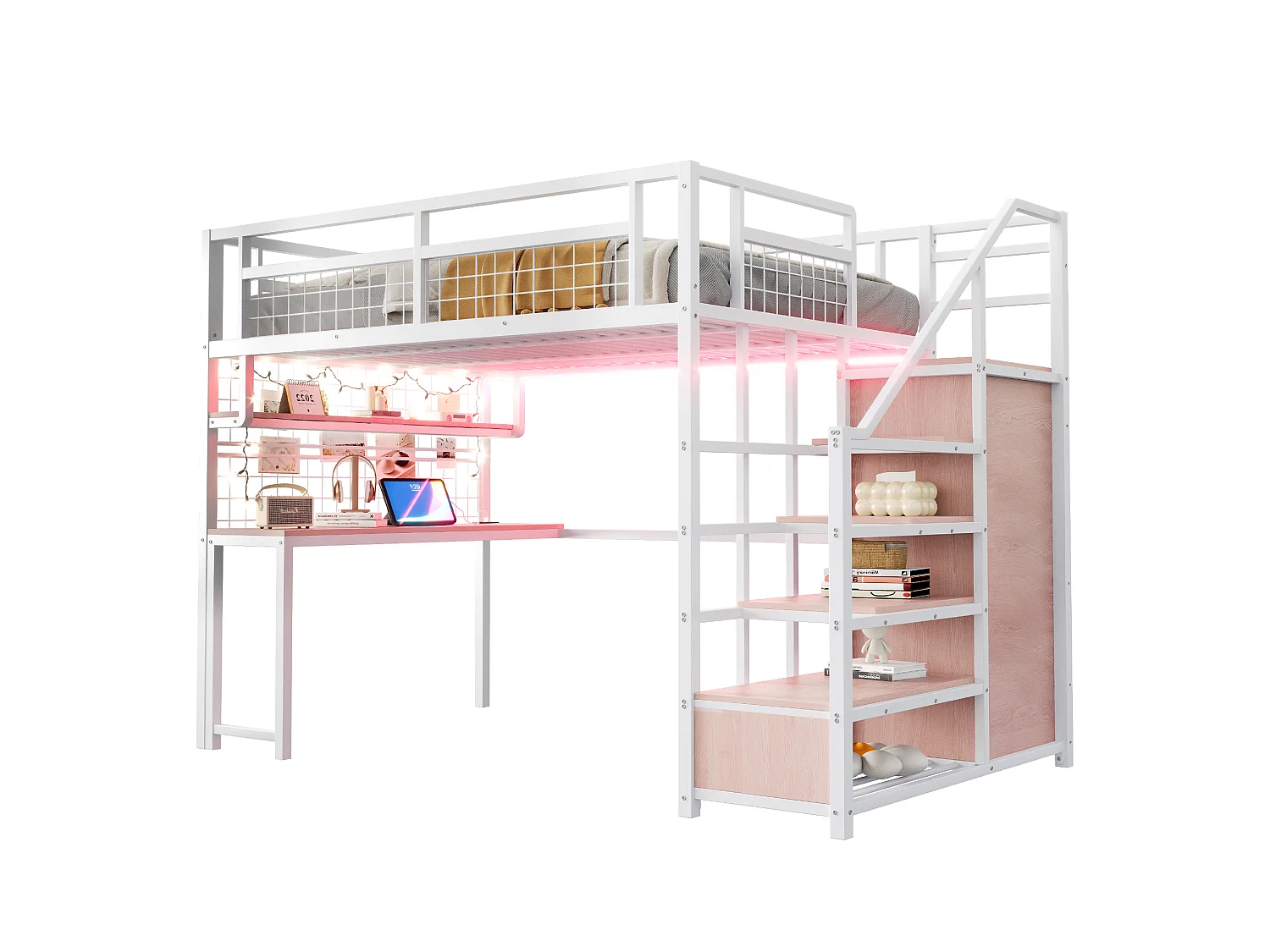 Mezzanine bed 140x200 cm - met LED-verlichting en stopcontacten - met opbergladder - met garderobekast - opbergruimte en bureau - wit