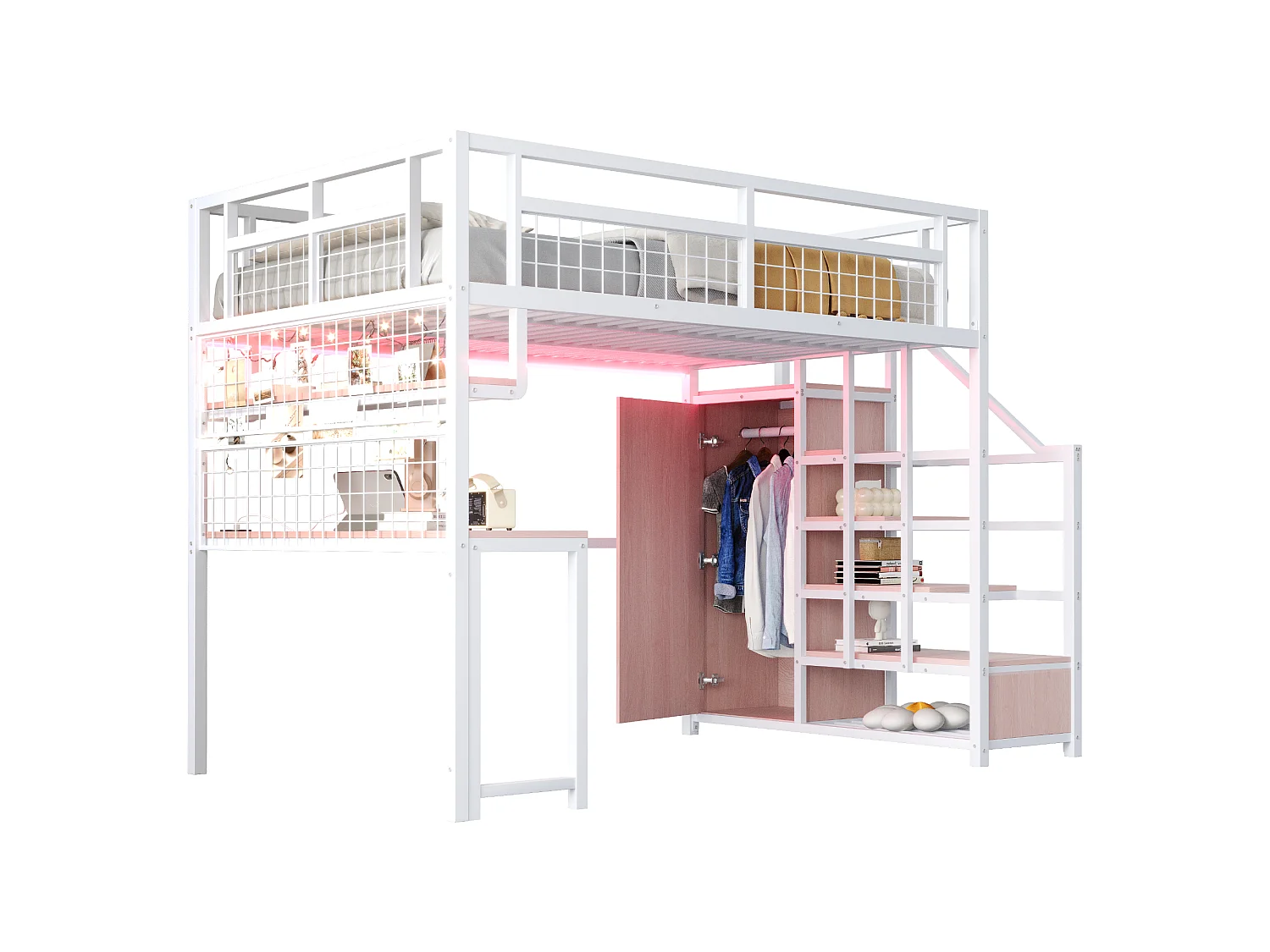 Mezzanine bed 140x200 cm - met LED-verlichting en stopcontacten - met opbergladder - met garderobekast - opbergruimte en bureau - wit