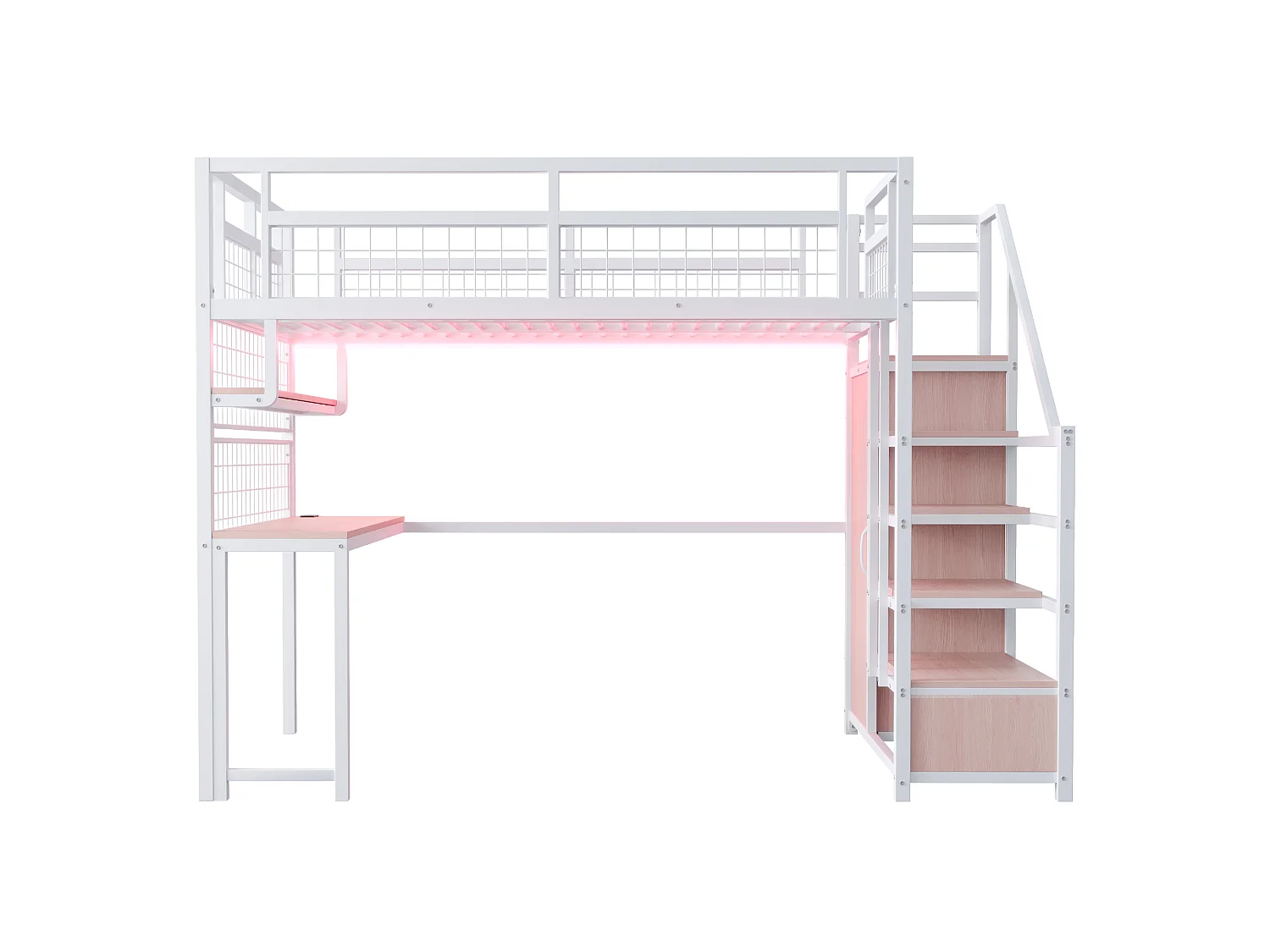 Mezzanine bed 140x200 cm - met LED-verlichting en stopcontacten - met opbergladder - met garderobekast - opbergruimte en bureau - wit