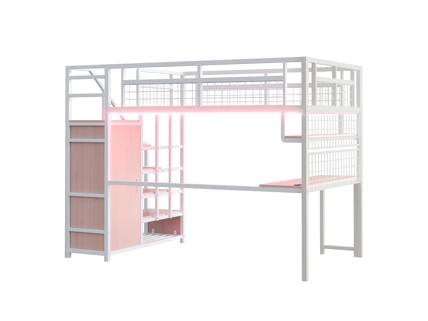 Mezzanine bed 140x200 cm - met LED-verlichting en stopcontacten - met opbergladder - met garderobekast - opbergruimte en bureau - wit