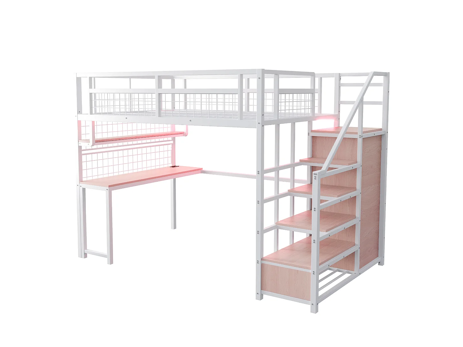 Mezzanine bed 140x200 cm - met LED-verlichting en stopcontacten - met opbergladder - met garderobekast - opbergruimte en bureau - wit
