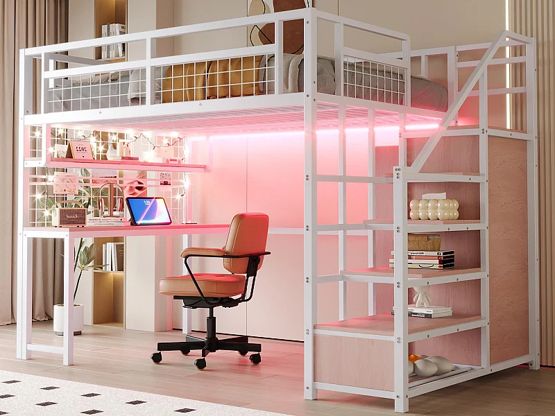 Hochbett 140x200 cm - mit LED-Beleuchtung und Steckdosen - mit Treppe mit Stauraum - mit Kleiderschrank - Staufächer und Tisch - weiß