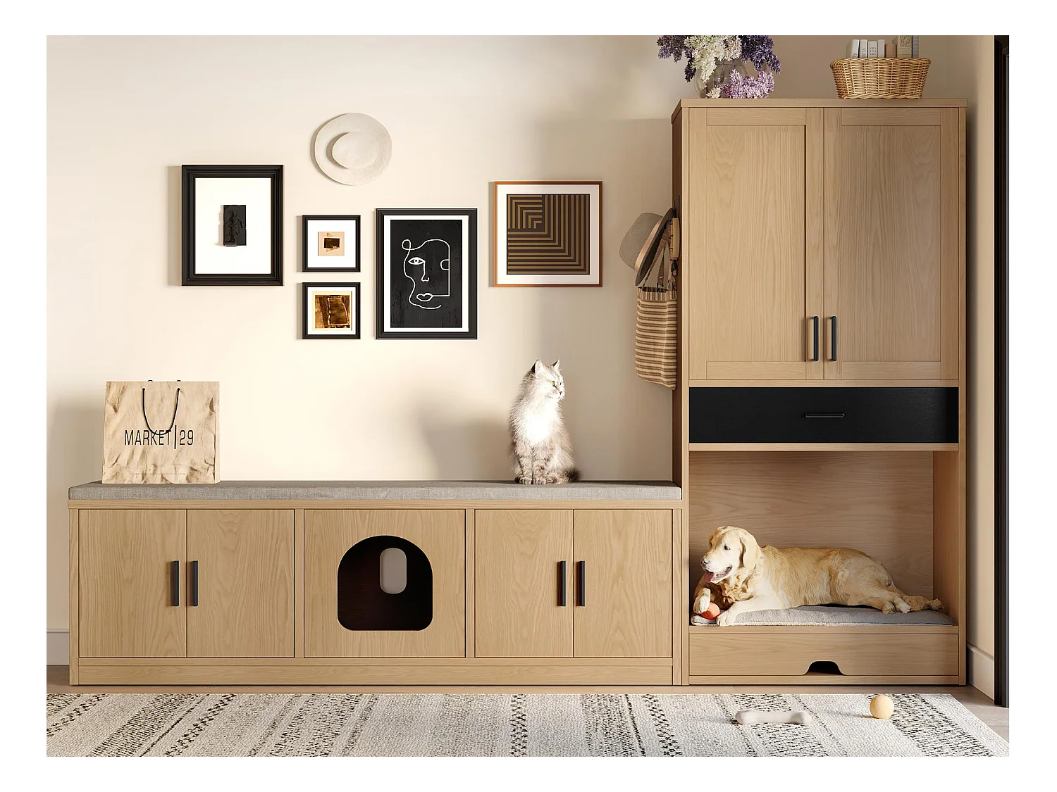 Armoire à litière pour chat - armoire pour animaux - avec gamelle et tapis - avec crochets - Naturel