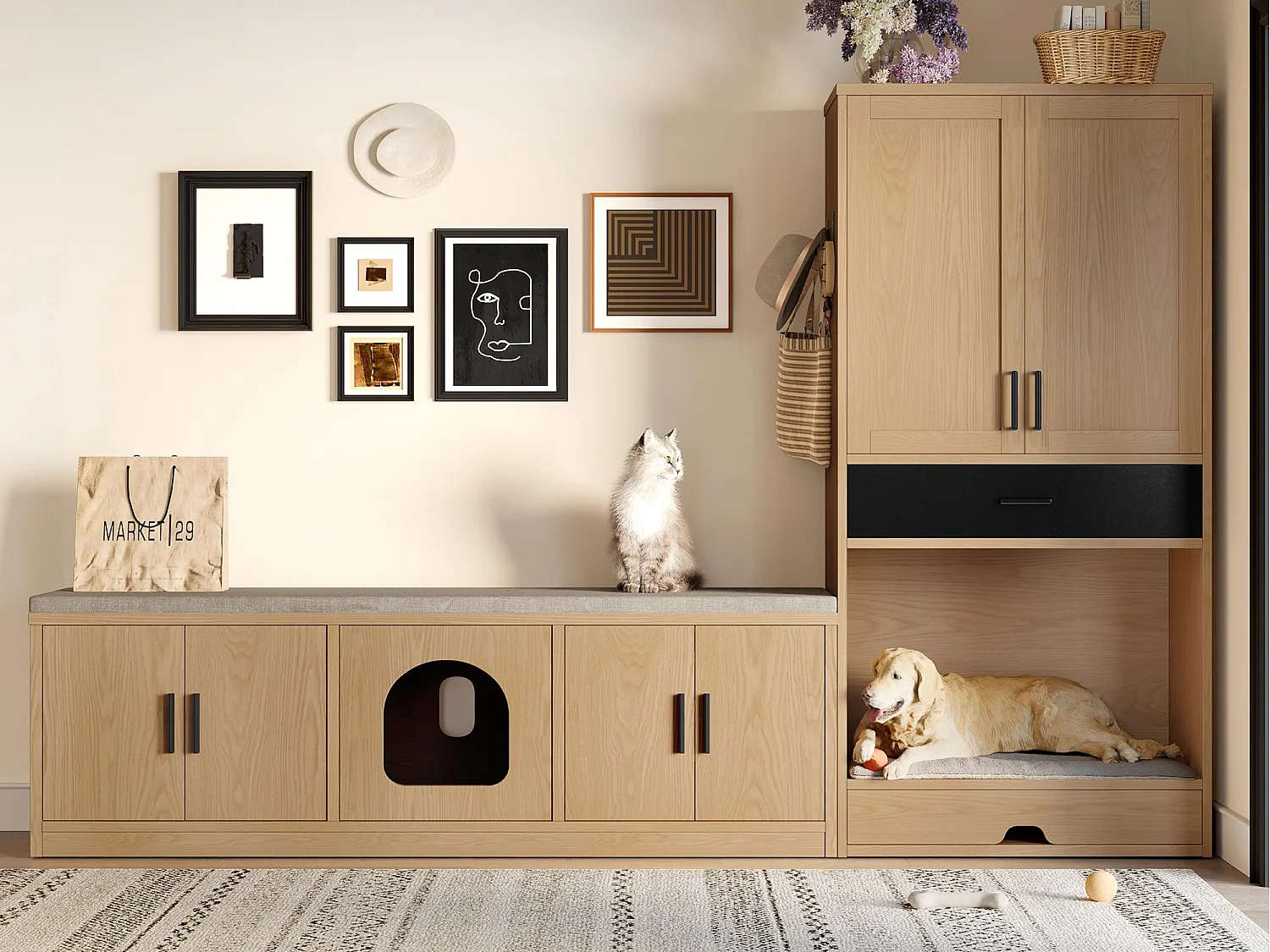 Katzenklo-Schrank - Haustierschrank - mit Napf und Matte - mit Haken - Natur