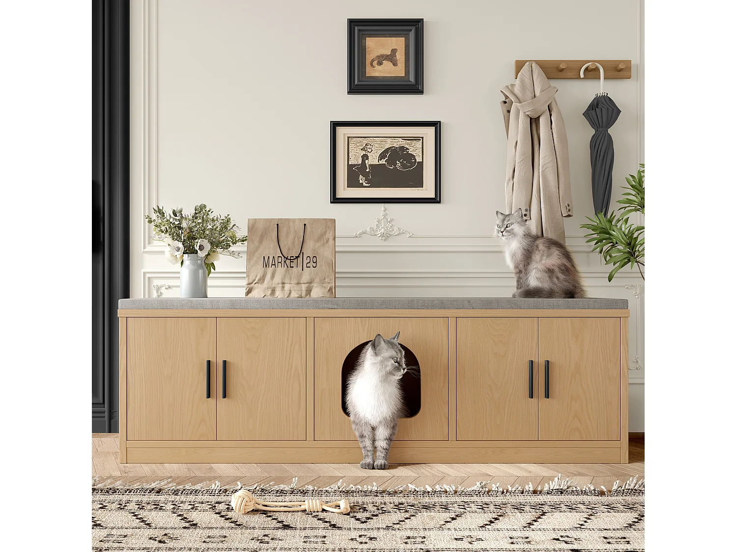 Katzenklo-Schrank - Haustierschrank - mit Napf und Matte - mit Haken - Natur