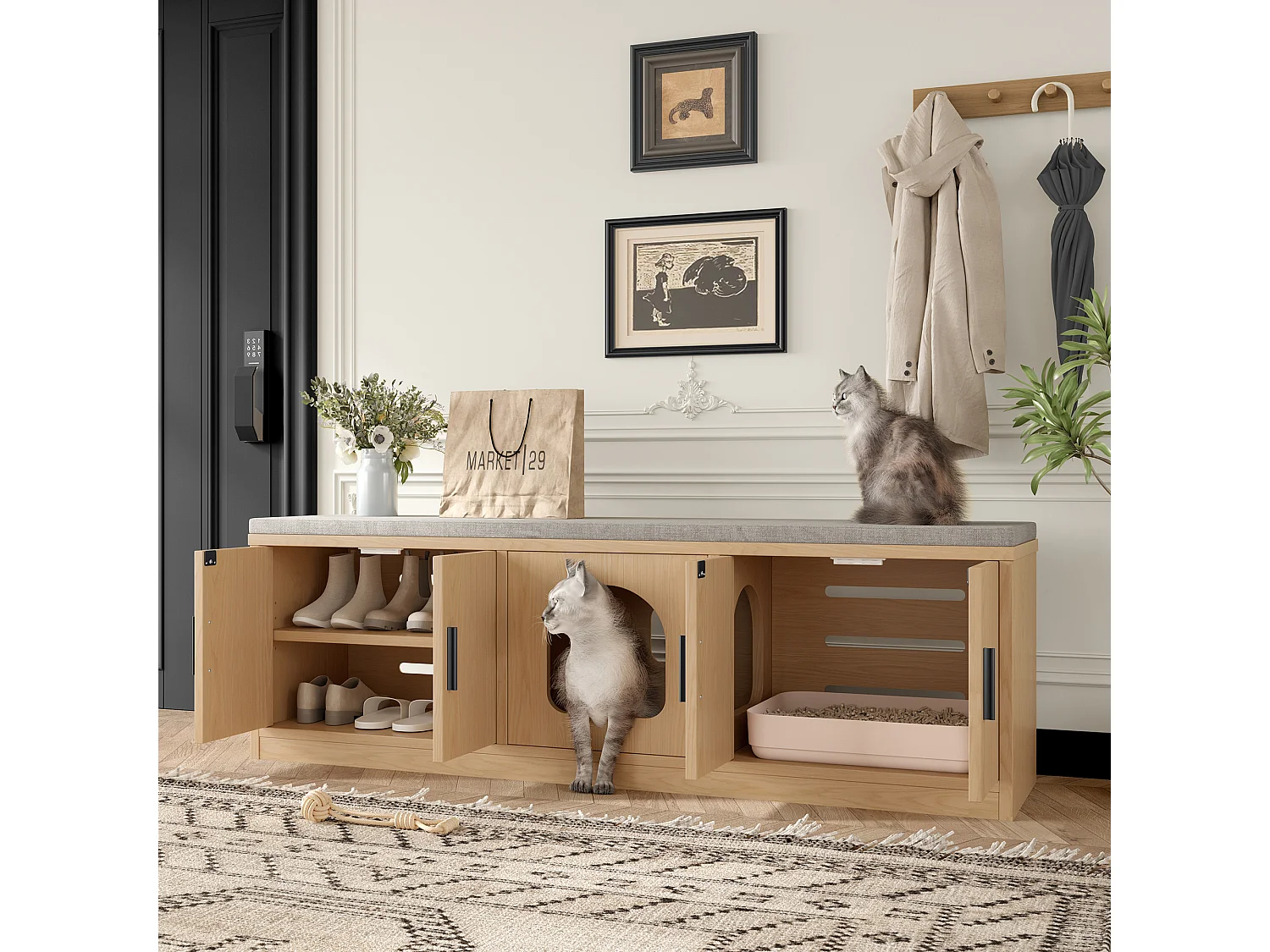 Katzenklo-Schrank - Haustierschrank - mit Napf und Matte - mit Haken - Natur