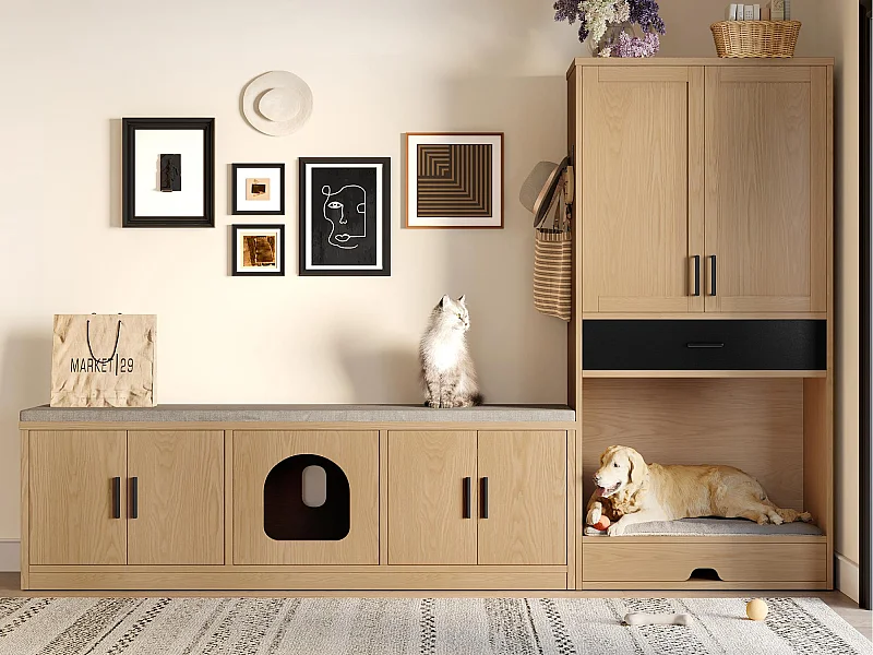 Armoire à litière pour chat - armoire pour animaux - avec gamelle et tapis - avec crochets - Naturel