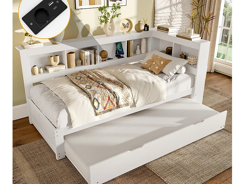 Sofa rozkładana 90x200 cm - z łóżkiem wysuwanym - z gniazdkiem + 2 USB - z listwowym stelażem - biały (materac nie jest w zestawie)