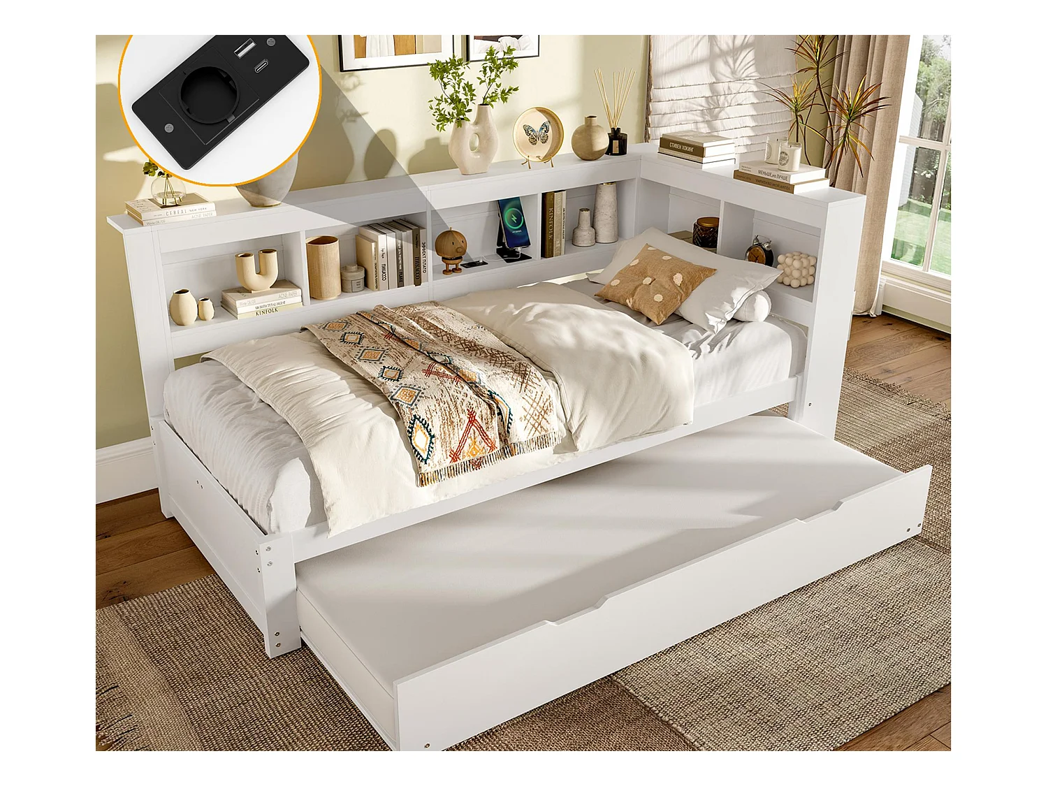 Canapé-lit 90x200 cm - avec lit gigogne - avec prise de courant + 2 USB - avec sommier à lattes - blanc (matelas non inclus)