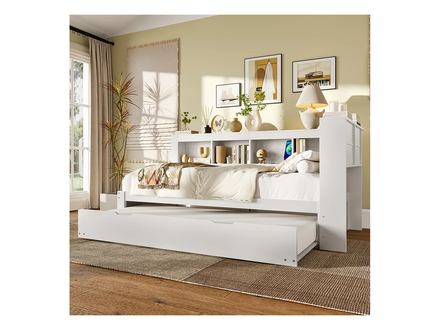 Canapé-lit 90x200 cm - avec lit gigogne - avec prise de courant + 2 USB - avec sommier à lattes - blanc (matelas non inclus)