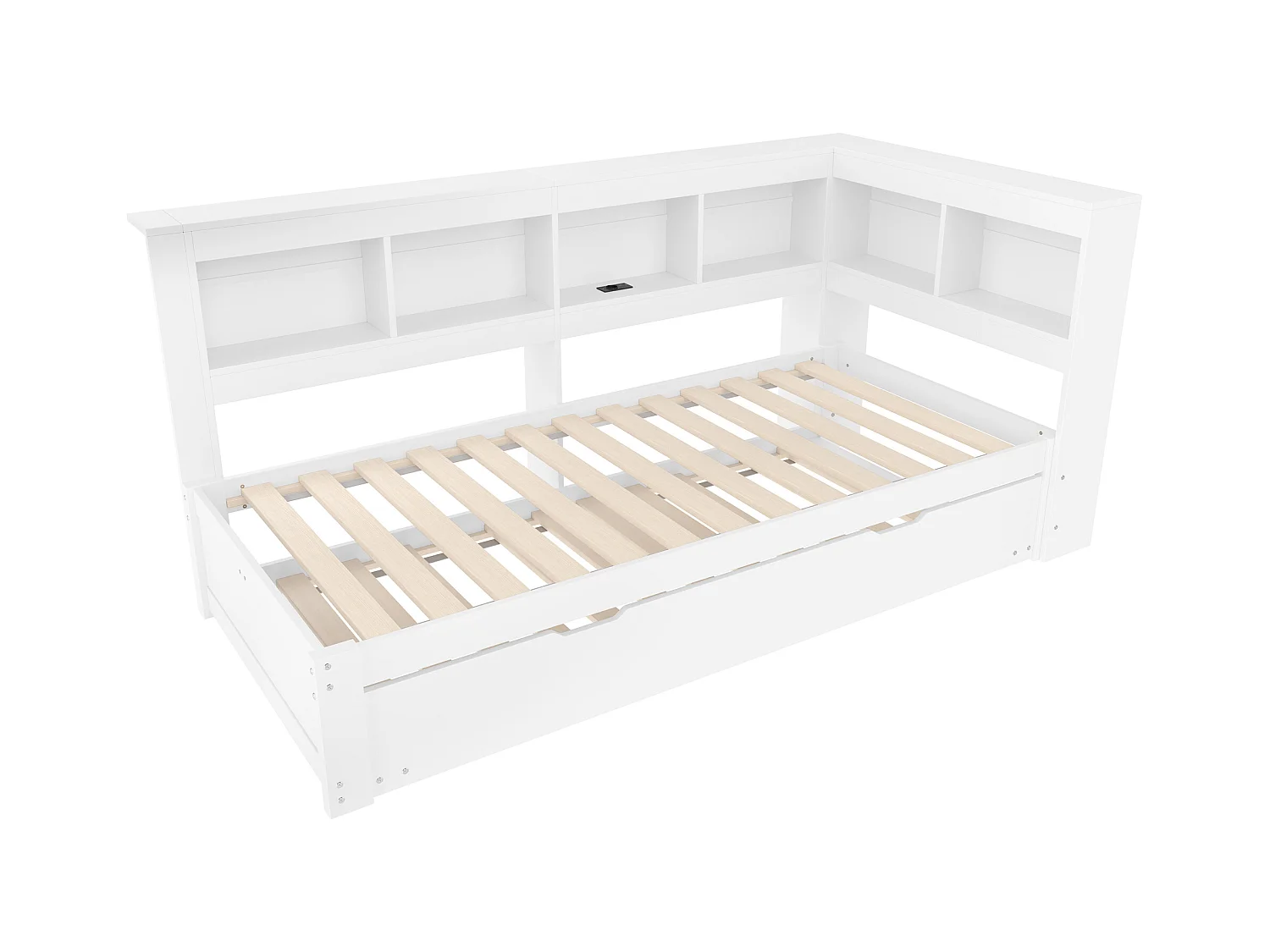 Canapé-lit 90x200 cm - avec lit gigogne - avec prise de courant + 2 USB - avec sommier à lattes - blanc (matelas non inclus)