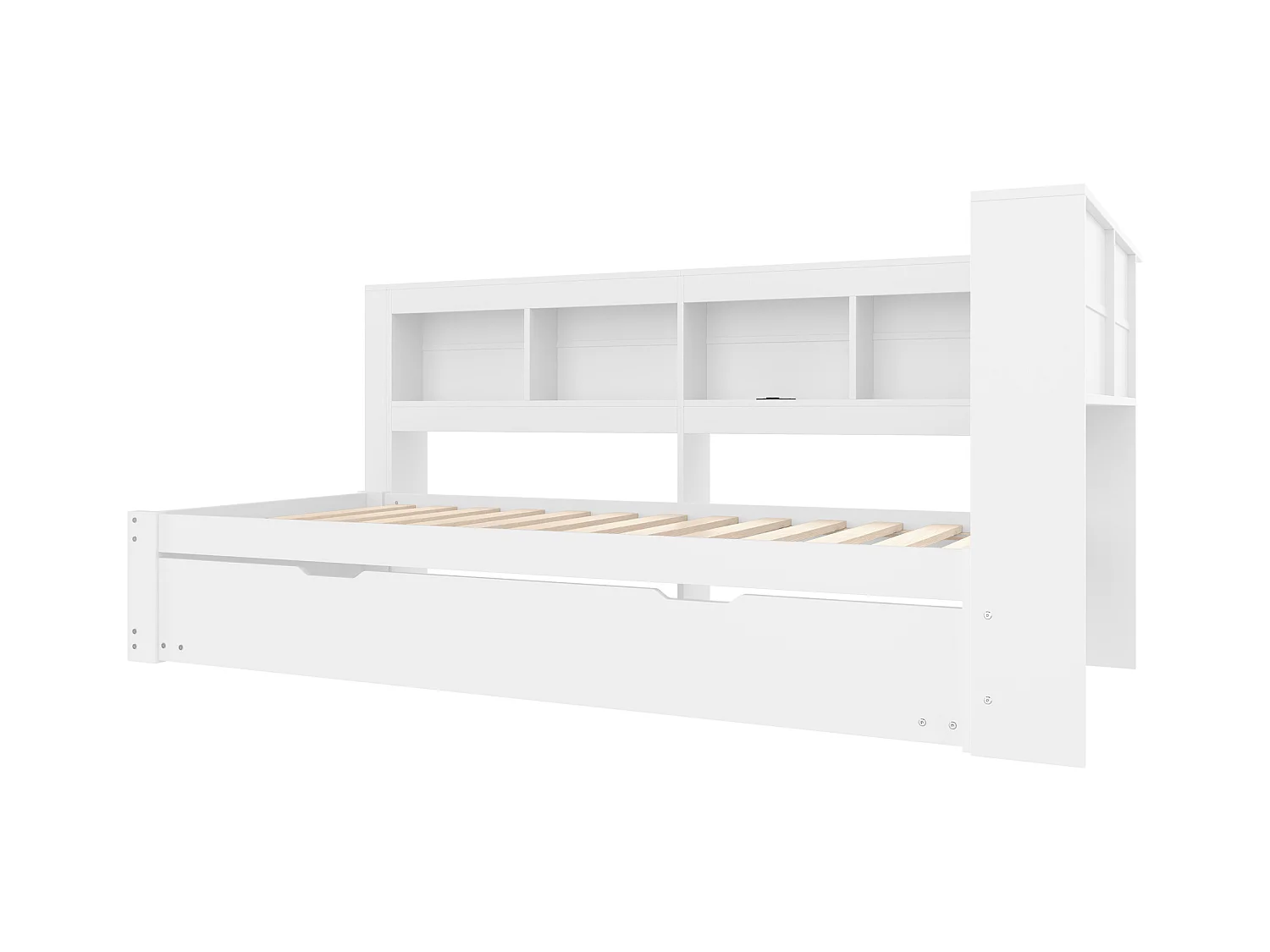 Canapé-lit 90x200 cm - avec lit gigogne - avec prise de courant + 2 USB - avec sommier à lattes - blanc (matelas non inclus)