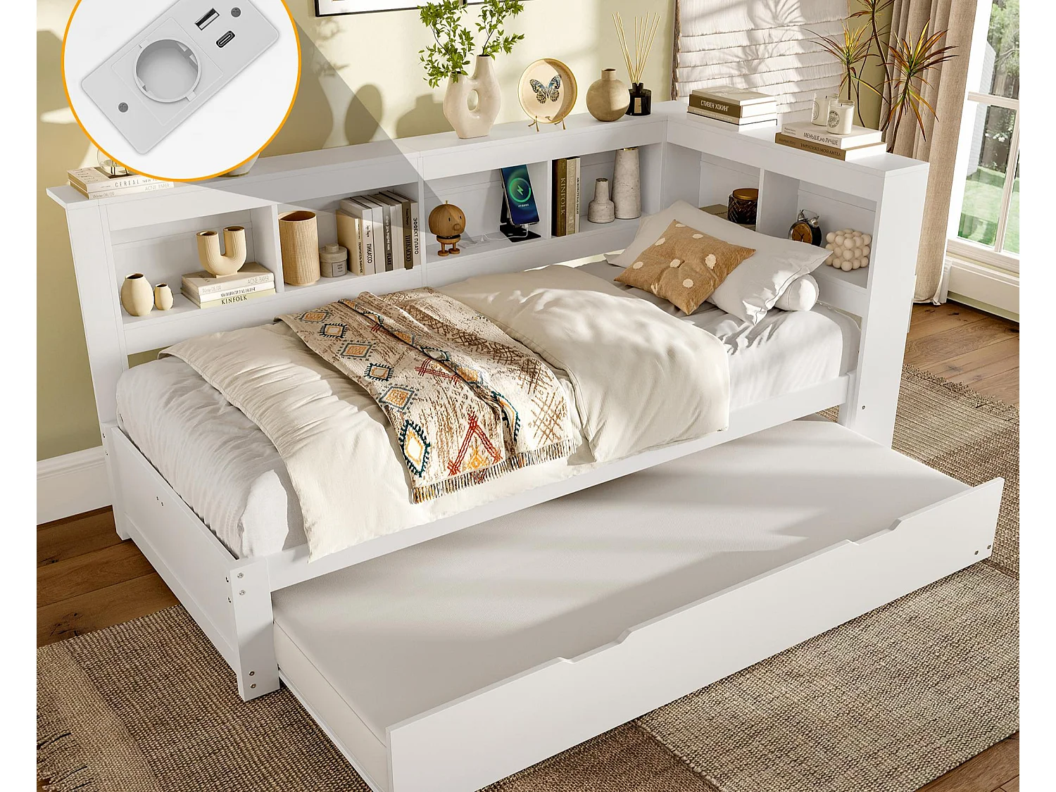 Canapé-lit 90x200 cm - avec lit gigogne - avec prise de courant + 2 USB - avec sommier à lattes - blanc (matelas non inclus)
