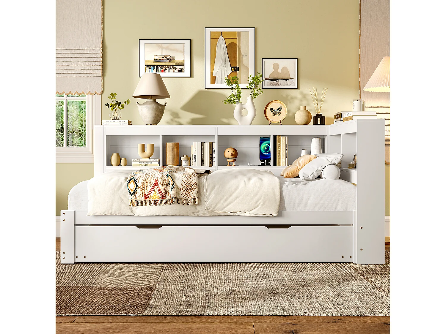 Canapé-lit 90x200 cm - avec lit gigogne - avec prise de courant + 2 USB - avec sommier à lattes - blanc (matelas non inclus)