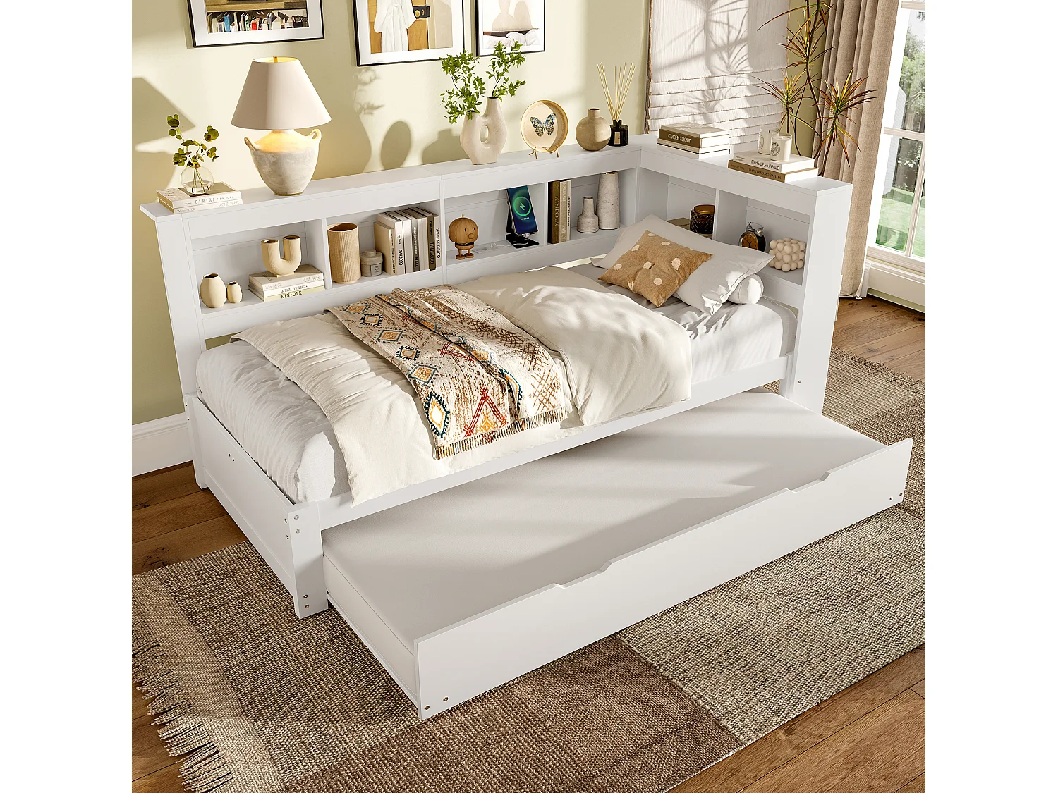 Canapé-lit 90x200 cm - avec lit gigogne - avec prise de courant + 2 USB - avec sommier à lattes - blanc (matelas non inclus)