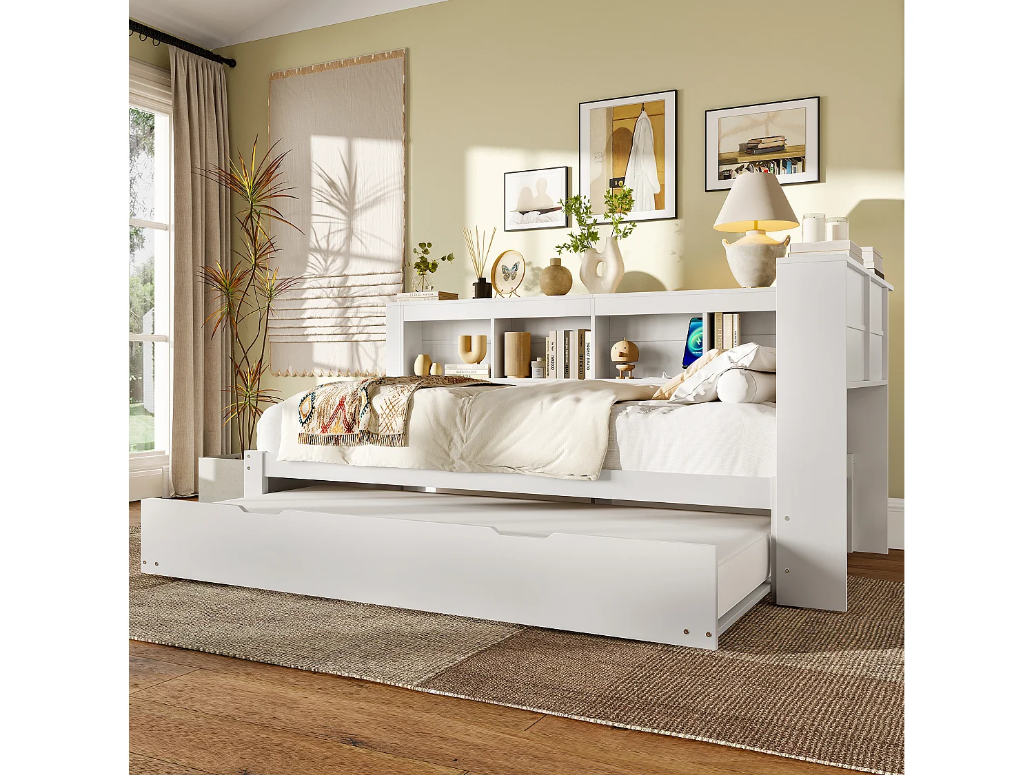 Canapé-lit 90x200 cm - avec lit gigogne - avec prise de courant + 2 USB - avec sommier à lattes - blanc (matelas non inclus)