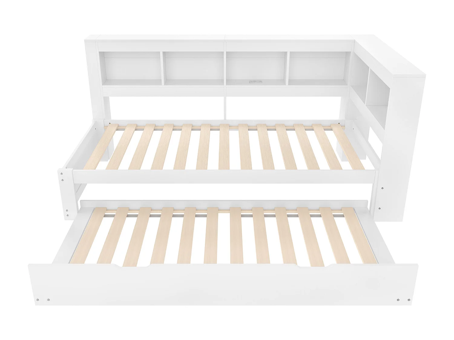 Canapé-lit 90x200 cm - avec lit gigogne - avec prise de courant + 2 USB - avec sommier à lattes - blanc (matelas non inclus)