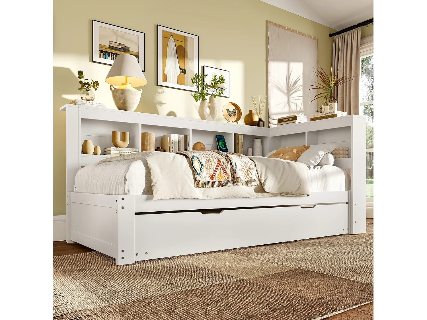 Schlafsofa 90x200 cm - Mit Ausziehbett - mit Steckdose + 2 USB-Anschlüssen - mit Lattenrost - weiß (Matratze nicht im Lieferumfang enthalten)