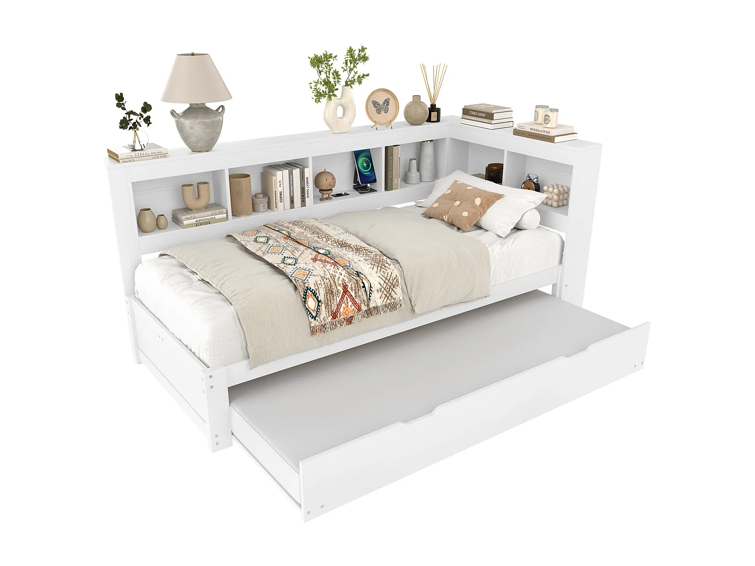 Schlafsofa 90x200 cm - Mit Ausziehbett - mit Steckdose + 2 USB-Anschlüssen - mit Lattenrost - weiß (Matratze nicht im Lieferumfang enthalten)