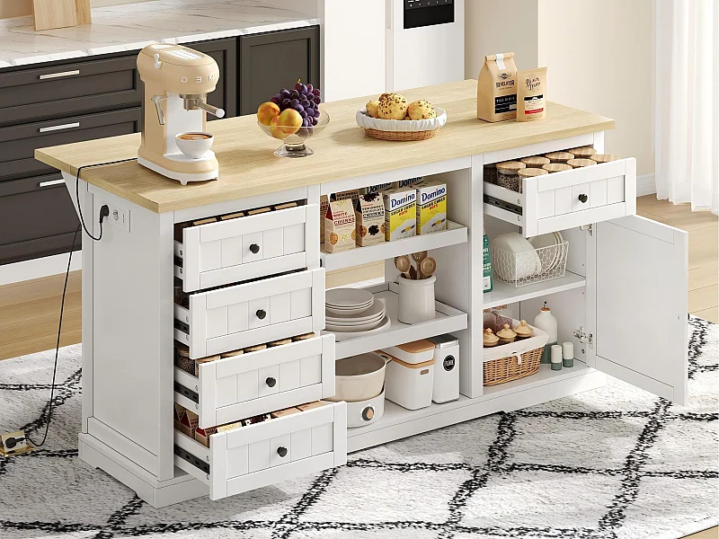 Wyspa kuchenna - z 5 szufladami i 2 wysuwanymi półkami - z gniazdkiem elektrycznym - rozsuwana blata - Naturalny + Biały
