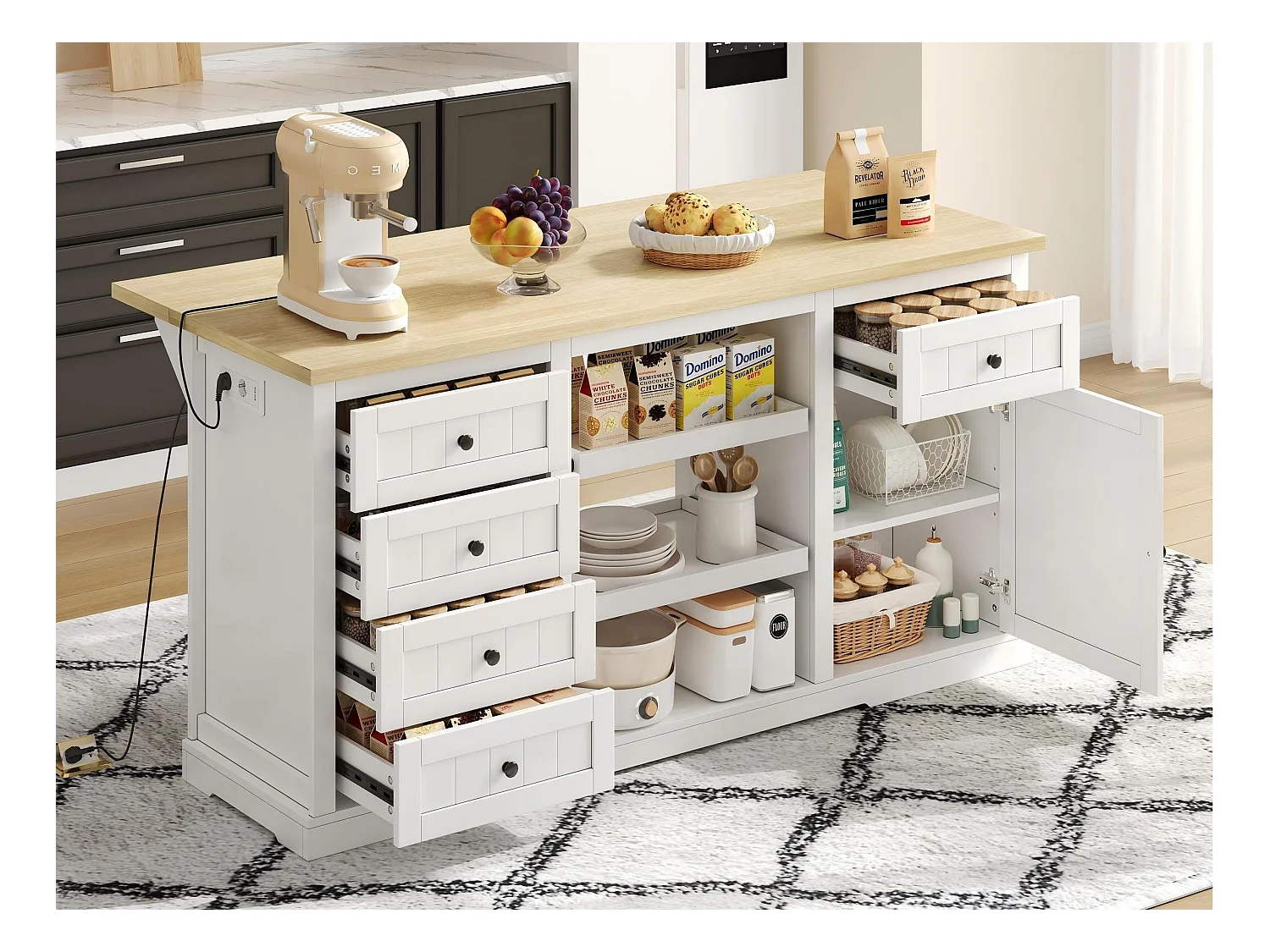 Ilot central de cuisine - avec 5 tiroirs et 2 étagères coulissantes - avec prise de courant - plateau extensible - Naturel + Blanc