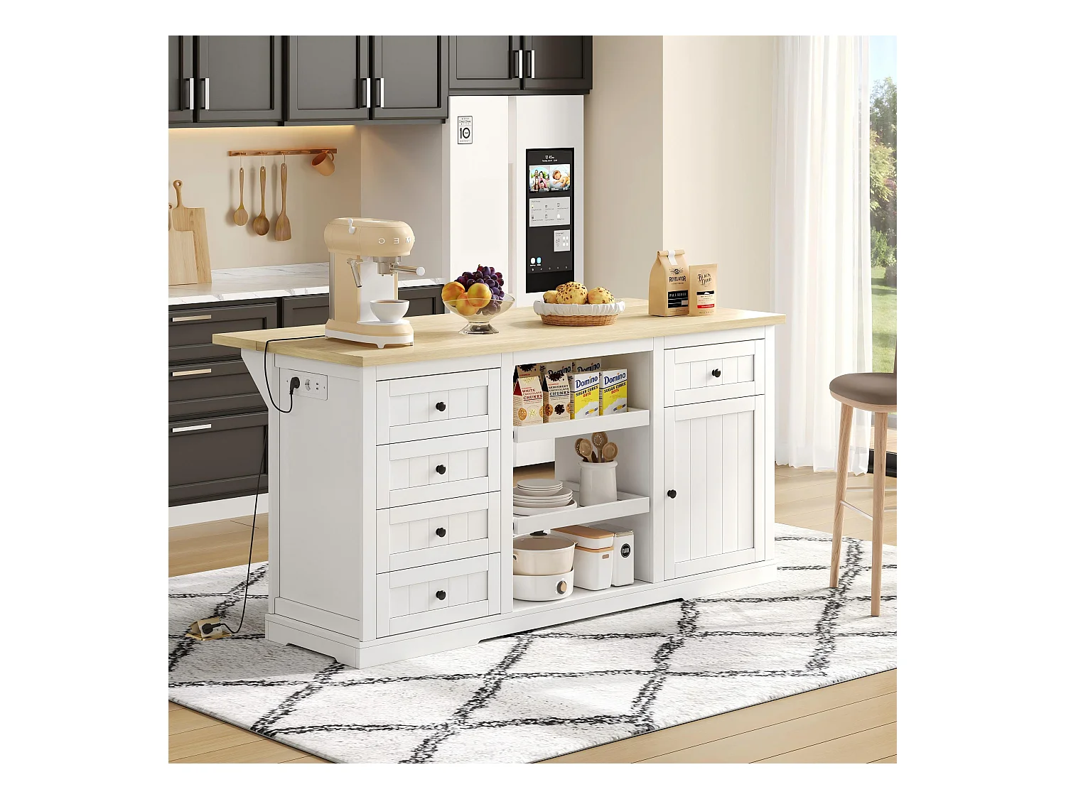 Ilot central de cuisine - avec 5 tiroirs et 2 étagères coulissantes - avec prise de courant - plateau extensible - Naturel + Blanc