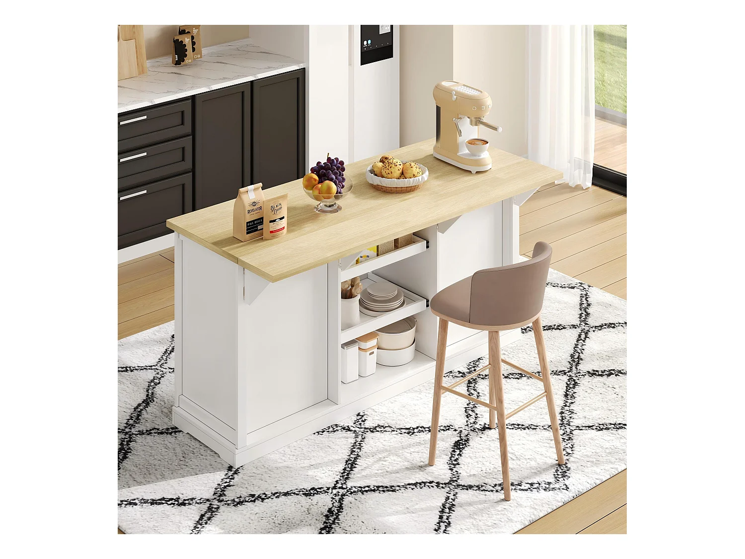 Ilot central de cuisine - avec 5 tiroirs et 2 étagères coulissantes - avec prise de courant - plateau extensible - Naturel + Blanc