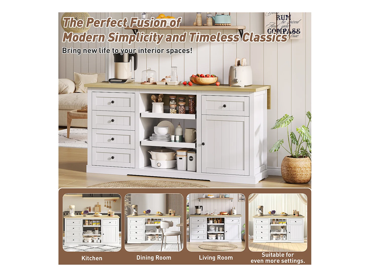 Ilot central de cuisine - avec 5 tiroirs et 2 étagères coulissantes - avec prise de courant - plateau extensible - Naturel + Blanc