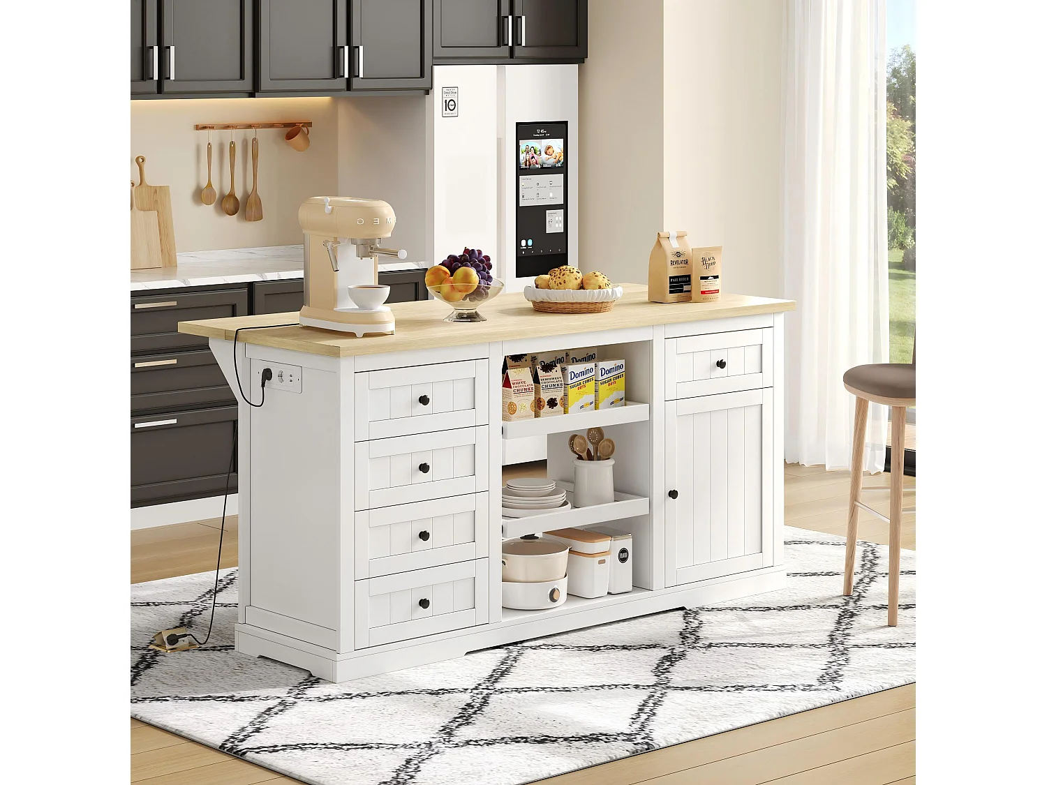 Kücheninsel - mit 5 Schubladen und 2 ausziehbaren Regalen - mit Steckdose - ausziehbarer Arbeitsplatte - Natur + Weiß