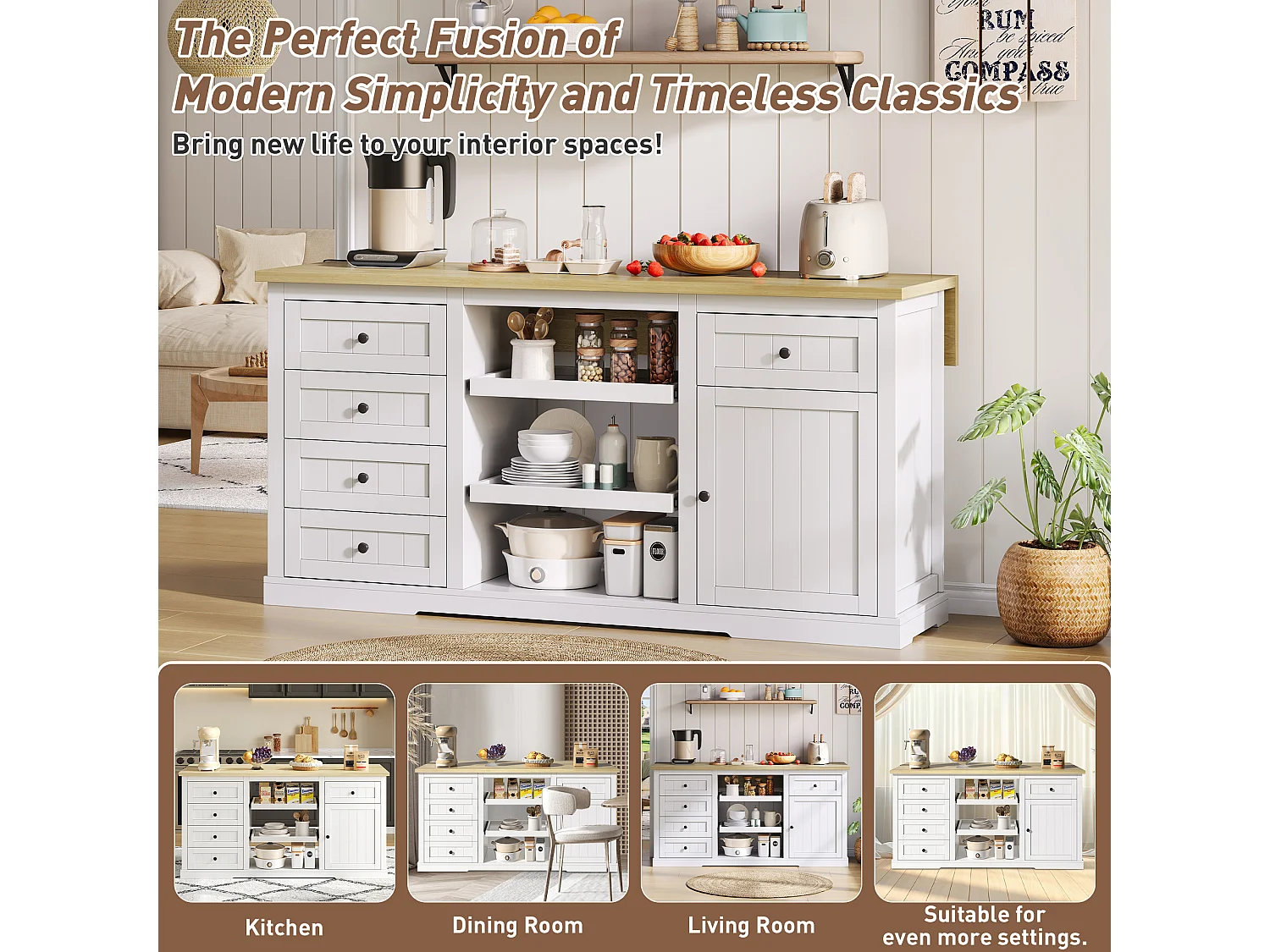 Kücheninsel - mit 5 Schubladen und 2 ausziehbaren Regalen - mit Steckdose - ausziehbarer Arbeitsplatte - Natur + Weiß