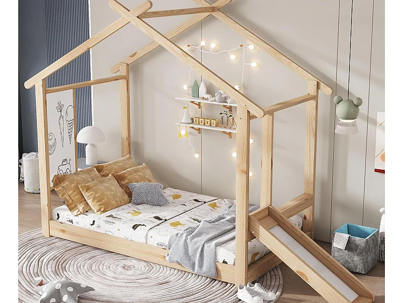 Lit cabane pour enfants 90x200cm - avec toboggan - avec tableau blanc inscriptible - avec sommier à lattes - Bois massif + MDF - Naturel