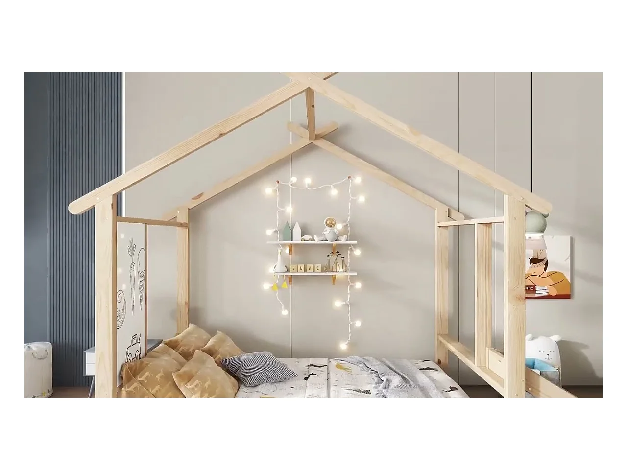 Lit cabane pour enfants 90x200cm - avec toboggan - avec tableau blanc inscriptible - avec sommier à lattes - Bois massif + MDF - Naturel
