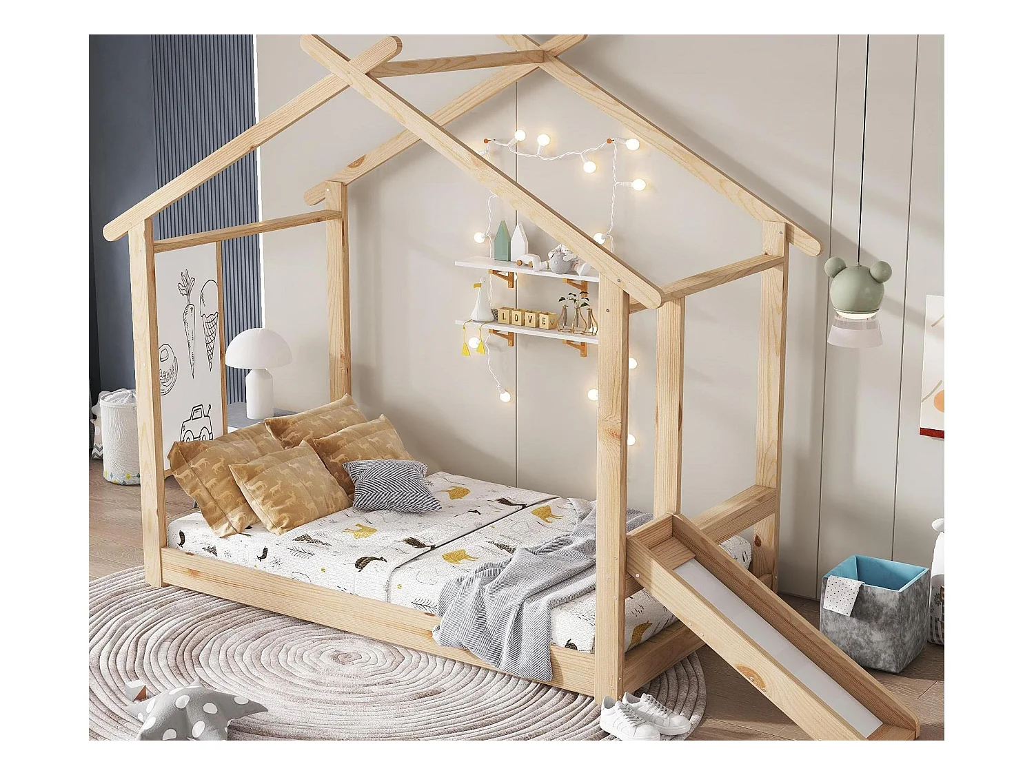 Lit cabane pour enfants 90x200cm - avec toboggan - avec tableau blanc inscriptible - avec sommier à lattes - Bois massif + MDF - Naturel