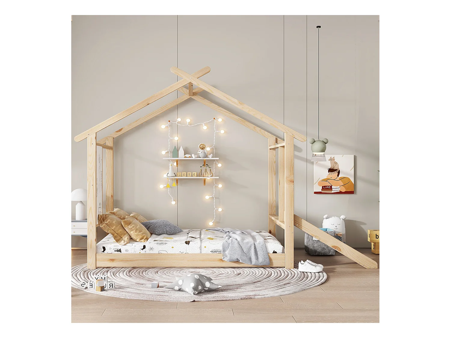Lit cabane pour enfants 90x200cm - avec toboggan - avec tableau blanc inscriptible - avec sommier à lattes - Bois massif + MDF - Naturel