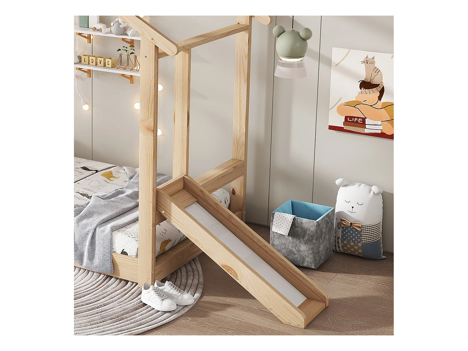 Lit cabane pour enfants 90x200cm - avec toboggan - avec tableau blanc inscriptible - avec sommier à lattes - Bois massif + MDF - Naturel