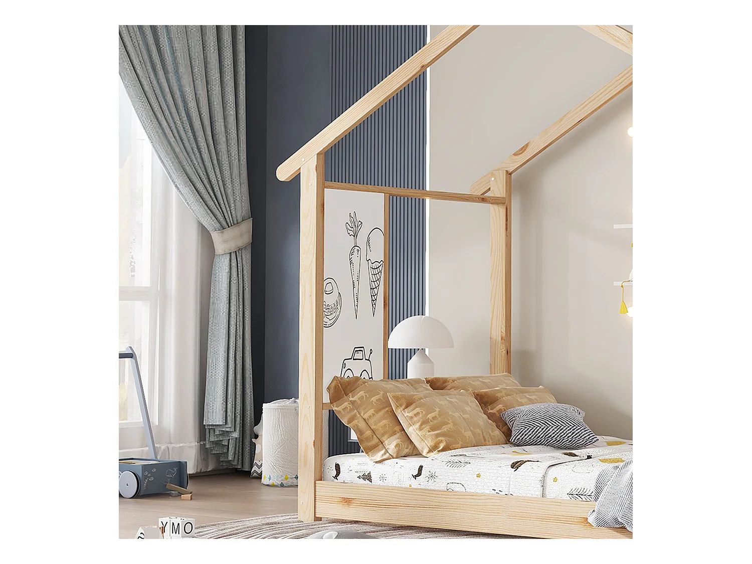 Lit cabane pour enfants 90x200cm - avec toboggan - avec tableau blanc inscriptible - avec sommier à lattes - Bois massif + MDF - Naturel