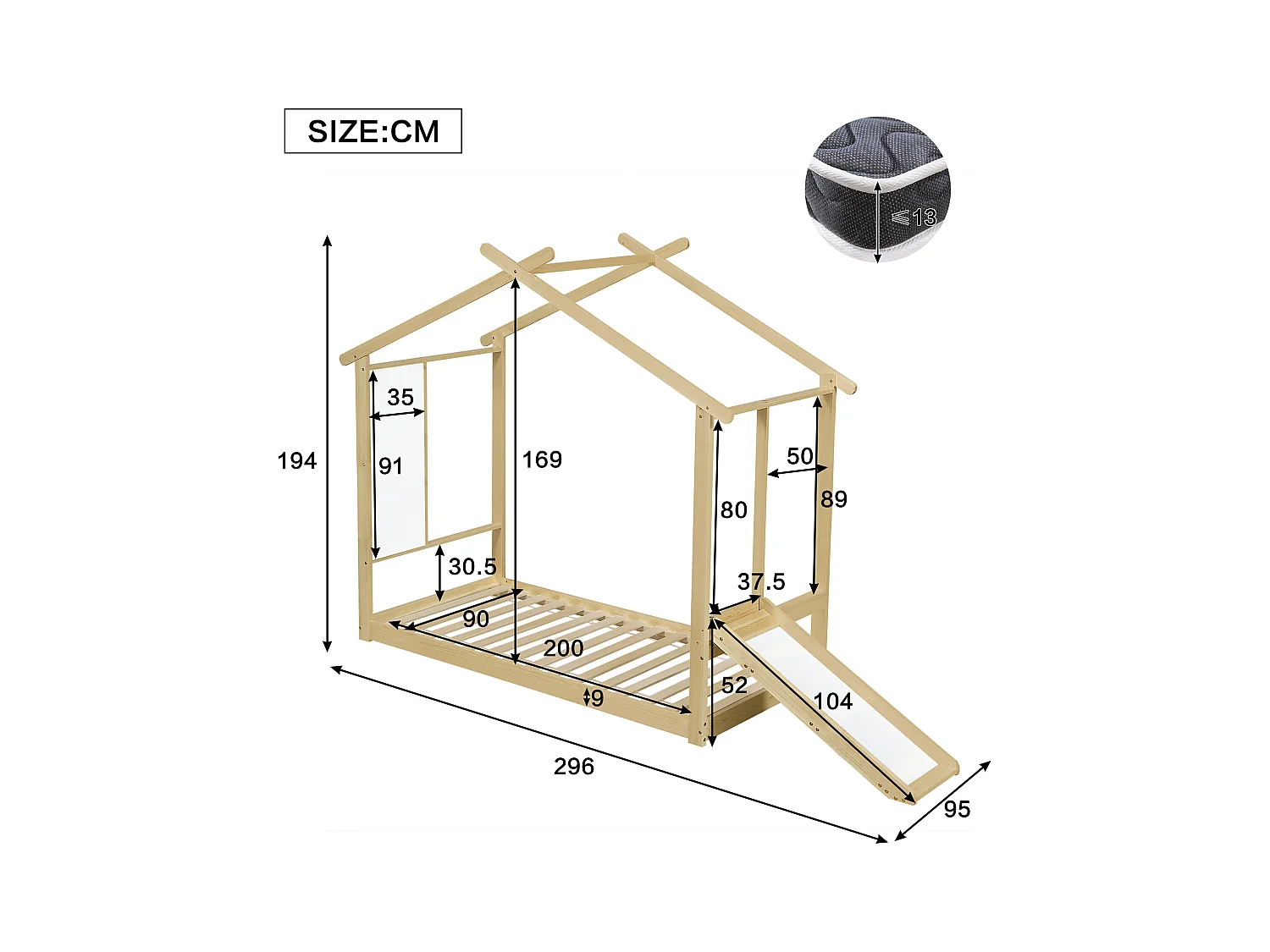 Lit cabane pour enfants 90x200cm - avec toboggan - avec tableau blanc inscriptible - avec sommier à lattes - Bois massif + MDF - Naturel