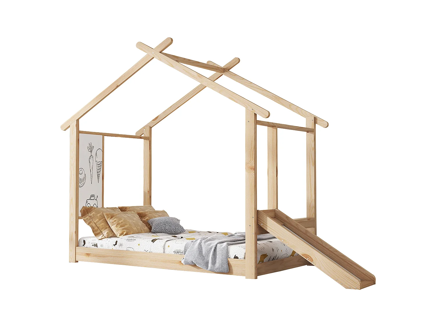Lit cabane pour enfants 90x200cm - avec toboggan - avec tableau blanc inscriptible - avec sommier à lattes - Bois massif + MDF - Naturel