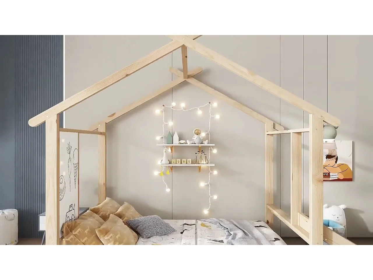 Lit cabane pour enfants 90x200cm - avec toboggan - avec tableau blanc inscriptible - avec sommier à lattes - Bois massif + MDF - Naturel