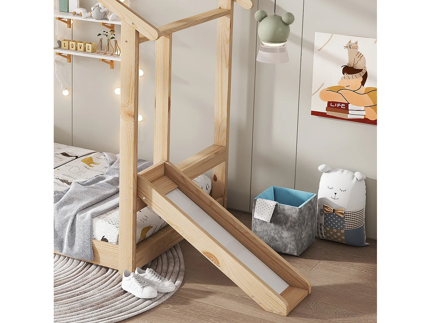 Lit cabane pour enfants 90x200cm - avec toboggan - avec tableau blanc inscriptible - avec sommier à lattes - Bois massif + MDF - Naturel