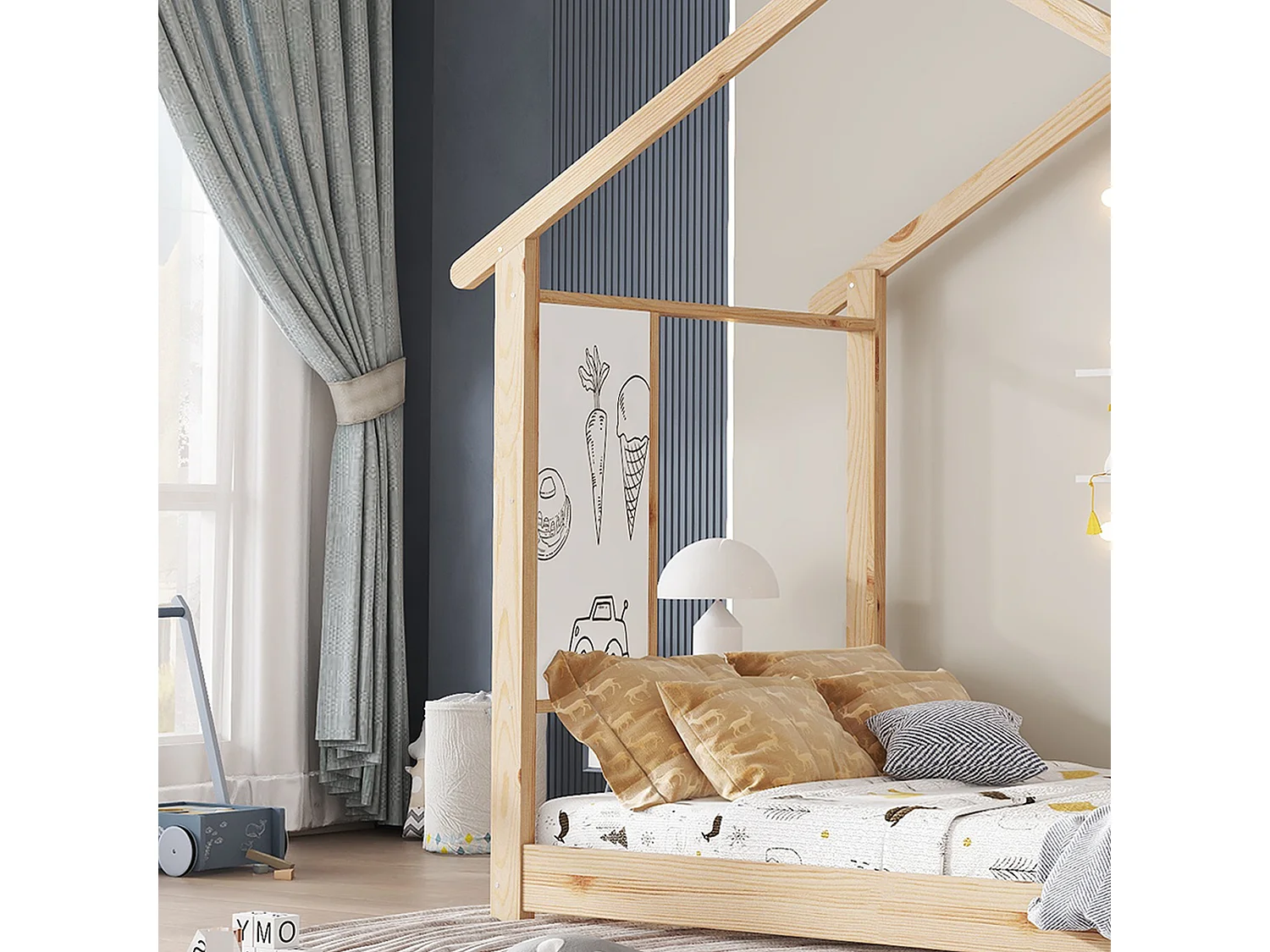 Lit cabane pour enfants 90x200cm - avec toboggan - avec tableau blanc inscriptible - avec sommier à lattes - Bois massif + MDF - Naturel