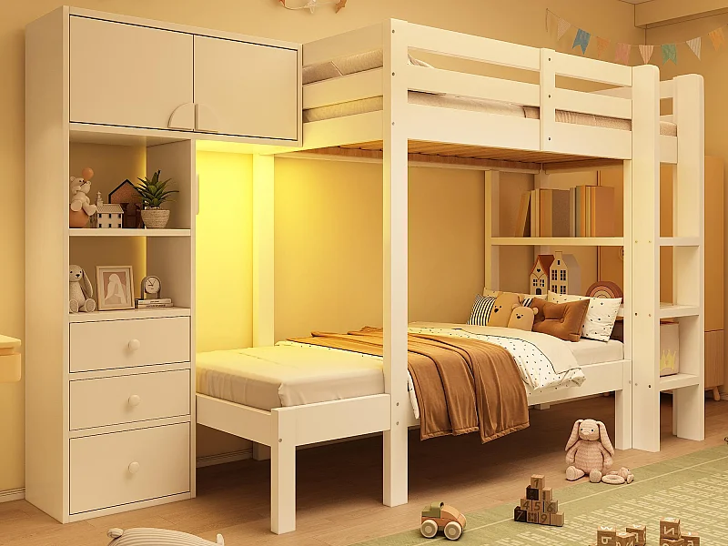 Etagenbett 90x200cm - mit intelligenter LED-Nachtbeleuchtung - mit Schrank und 3 Schubladen - mit Regalen - Massivholz + MDF - Weiß