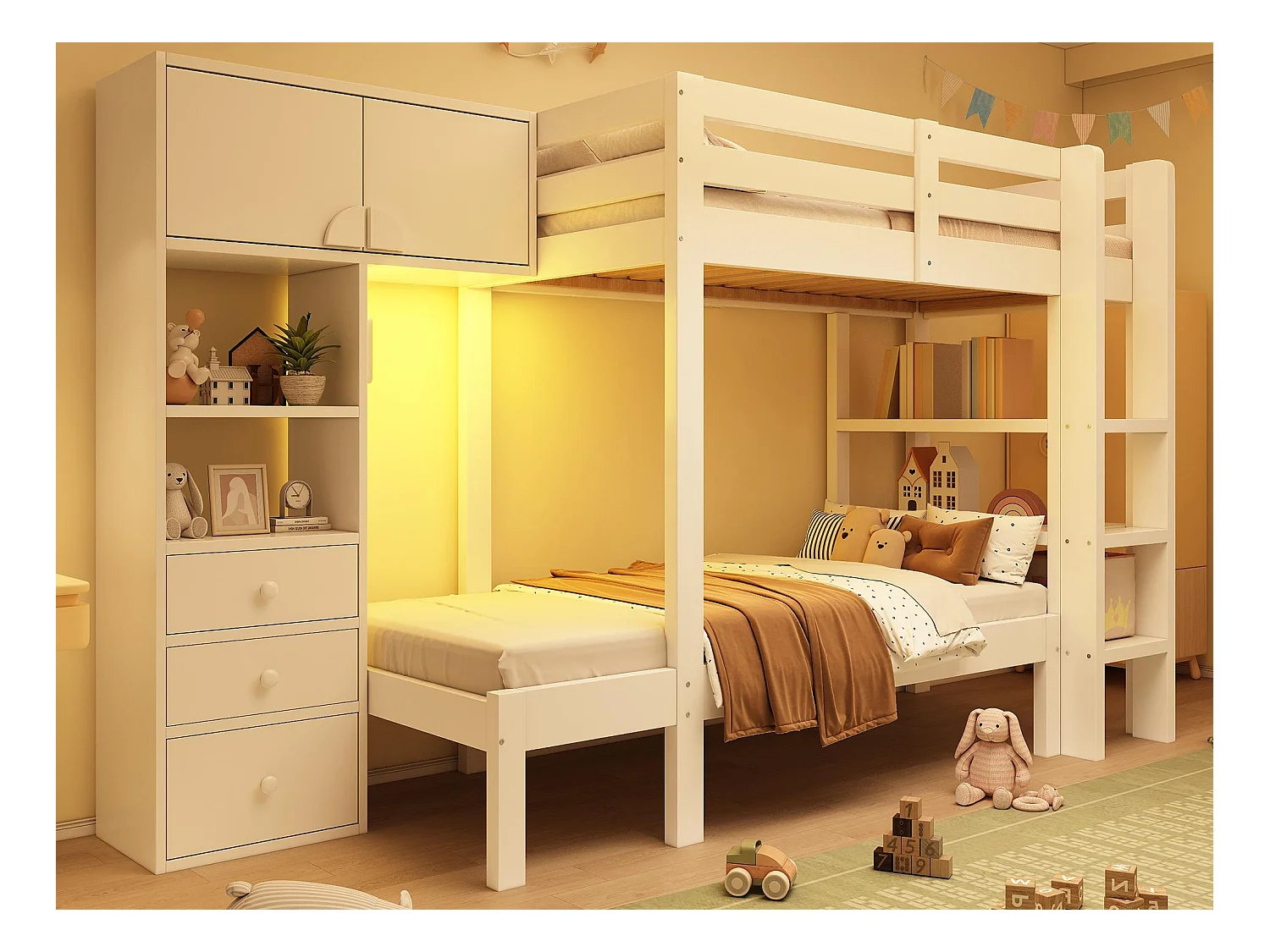 Lit superposé 90x200cm - avec veilleuse intelligente à LED - avec armoire et 3 tiroirss - avec étagères - Bois massif + MDF - Blanc